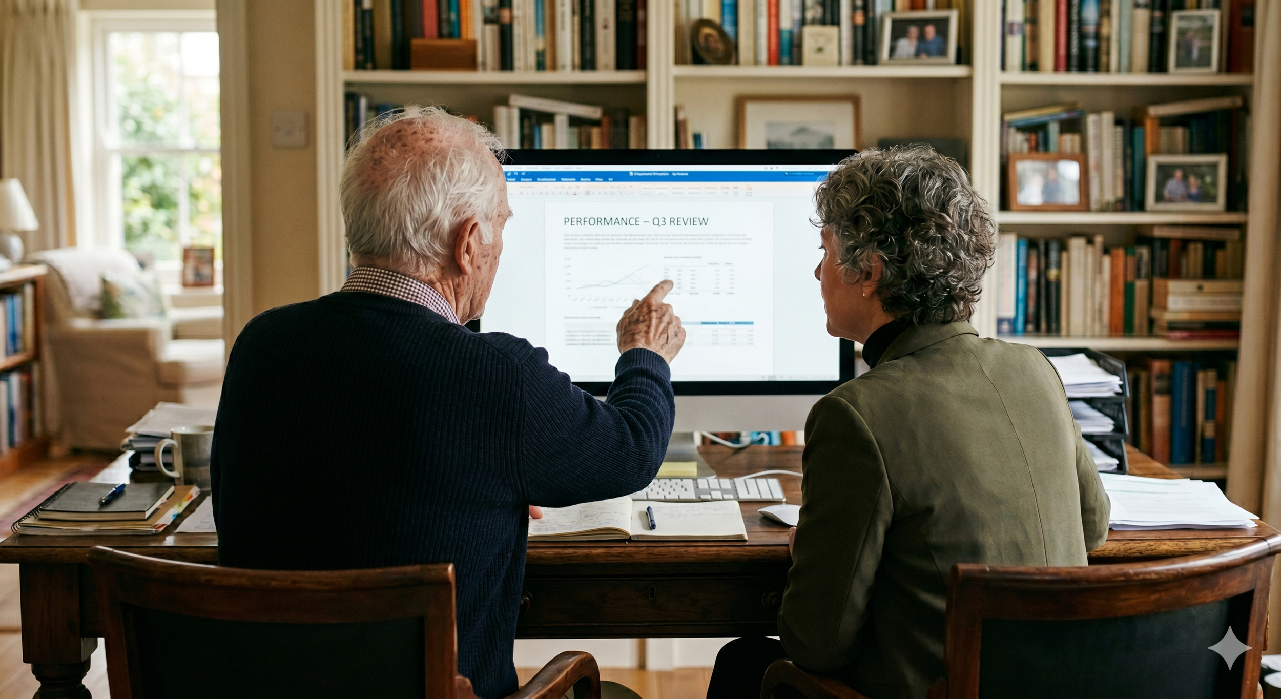 An elderly man and a woman (his Second Chair) sitting at a desk, discussing a document titled 'Performance - Q3 Review' displayed on a computer monitor in a cozy, well-lit home office with shelves of books in the background.