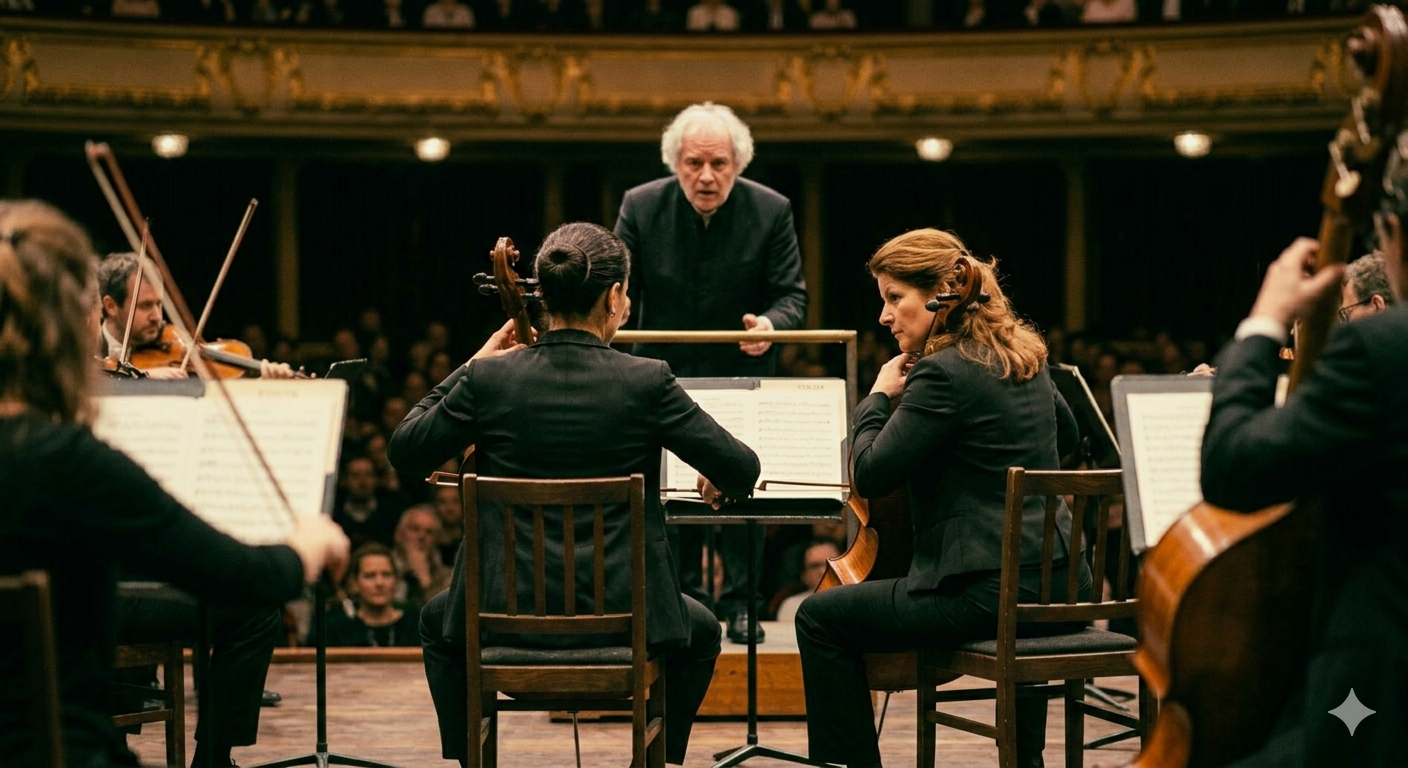 Conductor leading an orchestra of string musicians during a performance in a concert hall. The Second Chair cellist supports the First Chair cellist.