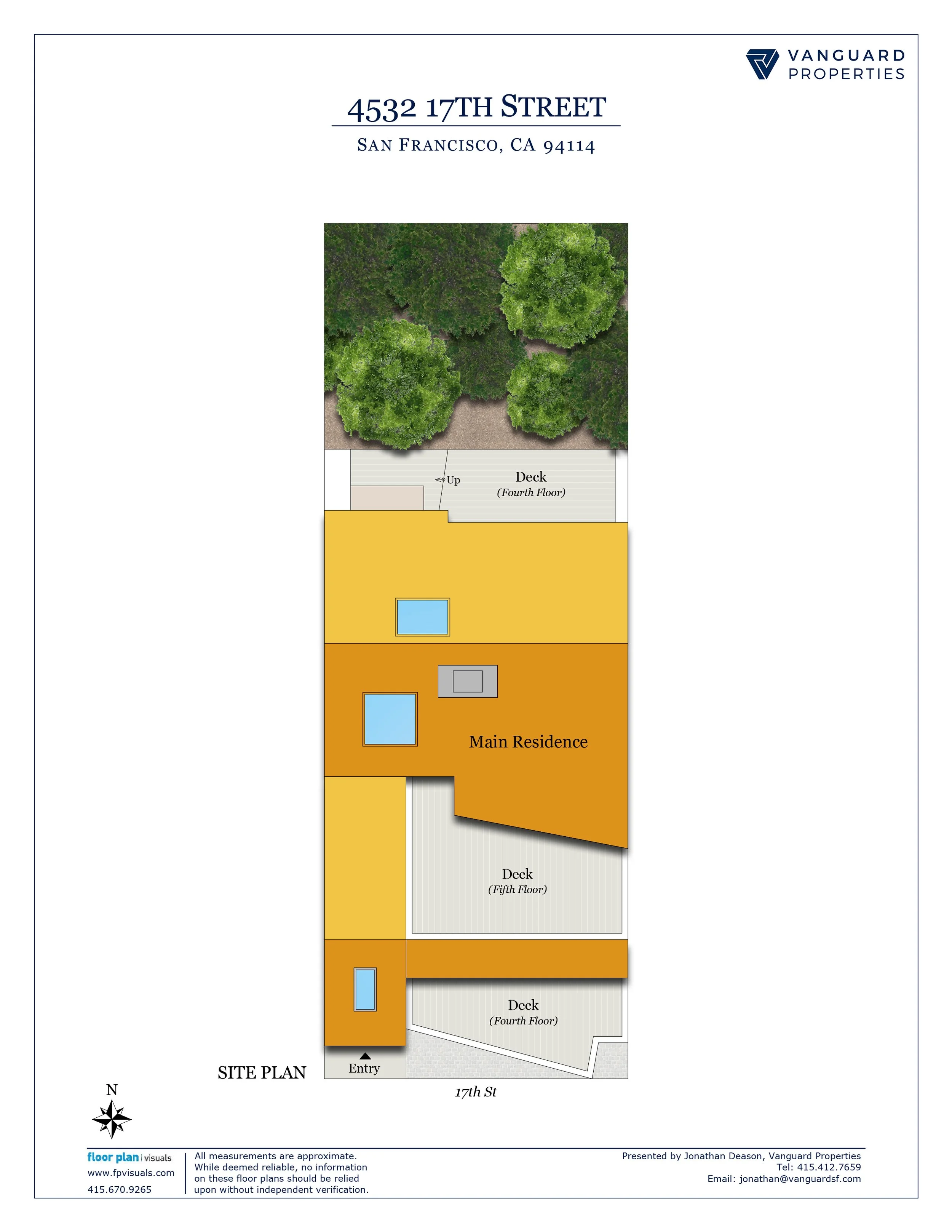 Site plan for 4532 17th Street, San Francisco, CA 94114. Shows the layout of the property including the main residence, decks on the fifth and fourth floors, an entry, and surrounding greenery. The plan includes labels for each floor and directional indicator.