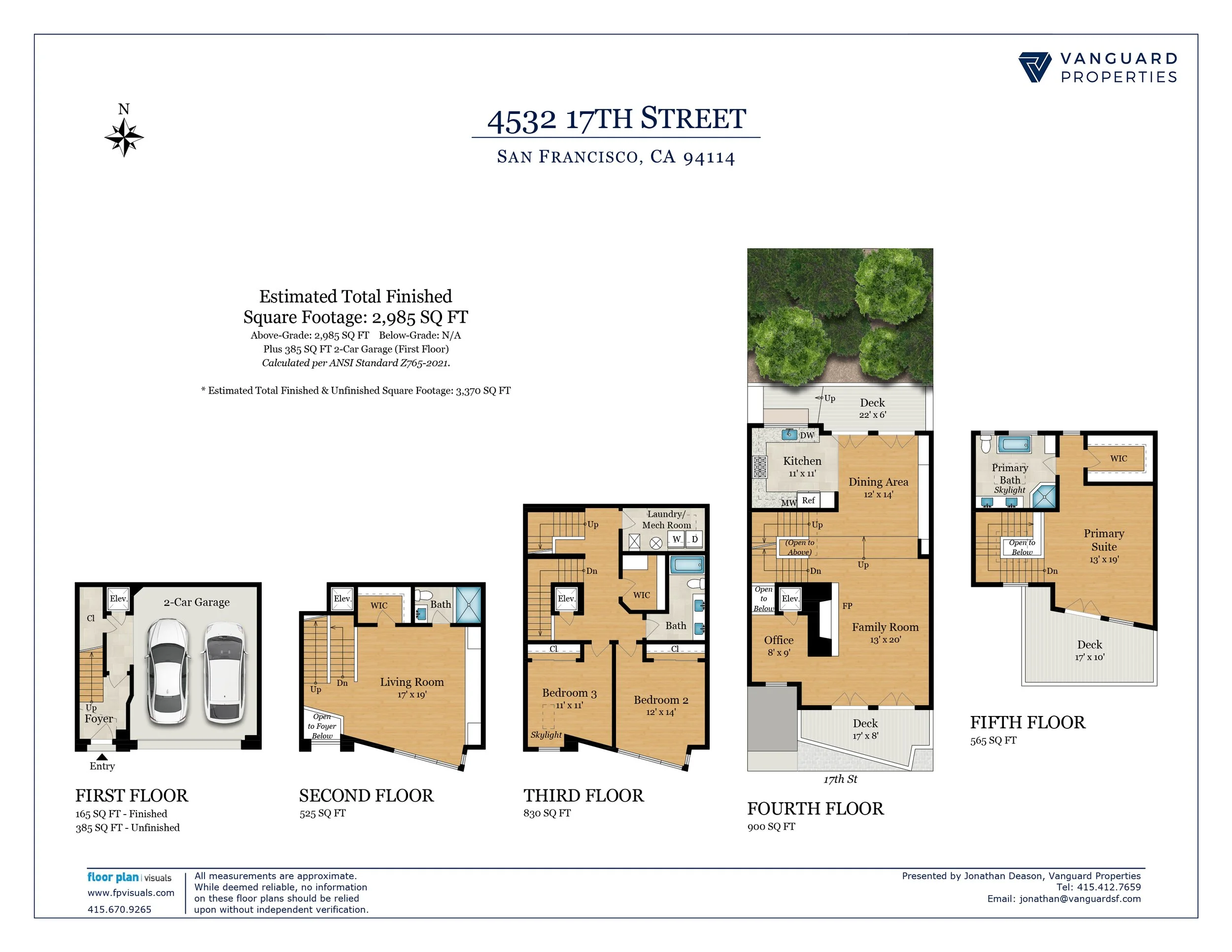 Floor plan blueprint for a multi-story house with labeled rooms, garage, and outdoor decks, showing layout across five floors including garage, living room, bedrooms, kitchen, dining area, and outdoor spaces.