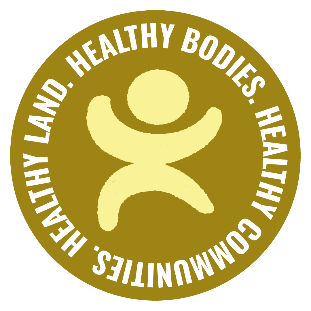 Gold circular logo with a stylized human figure in the center, surrounded by the text 'HEALTHY BODY, HEALTHY MIND, HEALTHY COLMUNITIES' in white capital letters.