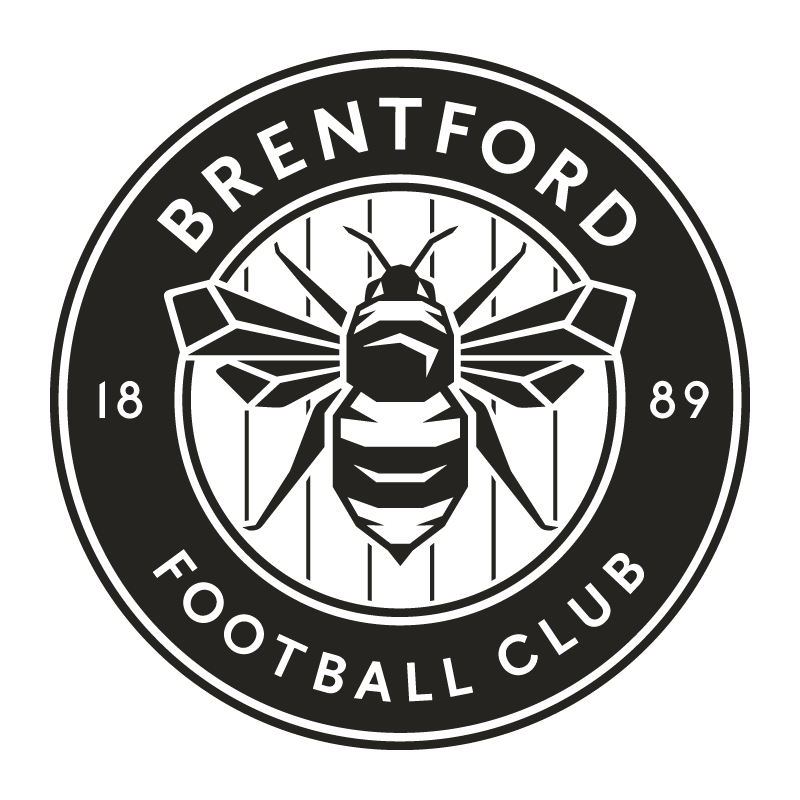 Black and gray circular logo for Brentford Football Club with a bee at the center, the club's name around the top, and 'FOOTBALL CLUB' at the bottom. Established in 1889.