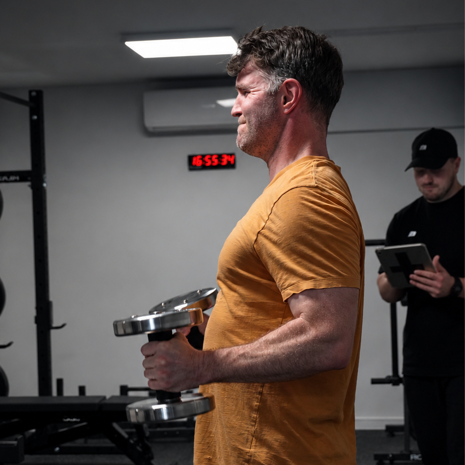 Man in an orange shirt holding dumbbells during a gym workout while a trainer observes