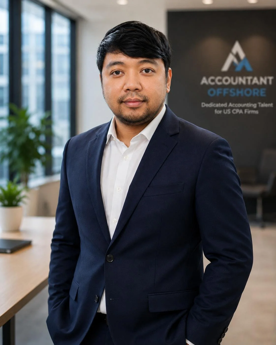 Accountant Offshore Inc. professional standing in front of company office branding