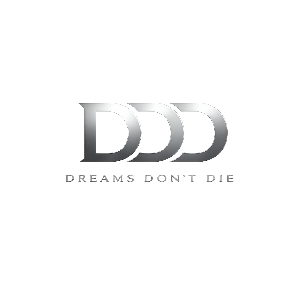 Silver metallic logo with three D's stacked, below the words "DREAMS DONT DIE" in a dark font.