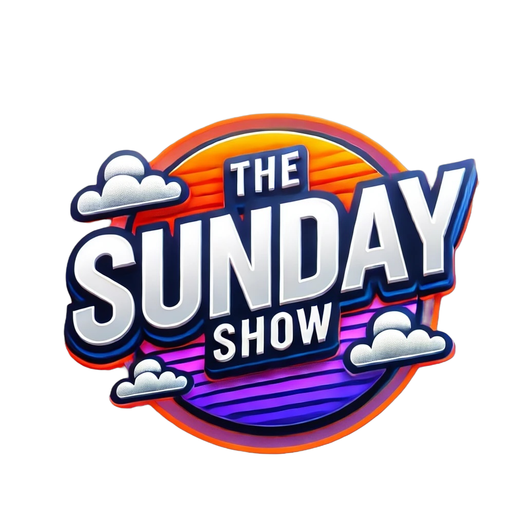 Colorful logo for The Sunday Show with stylized clouds and a sunset background.
