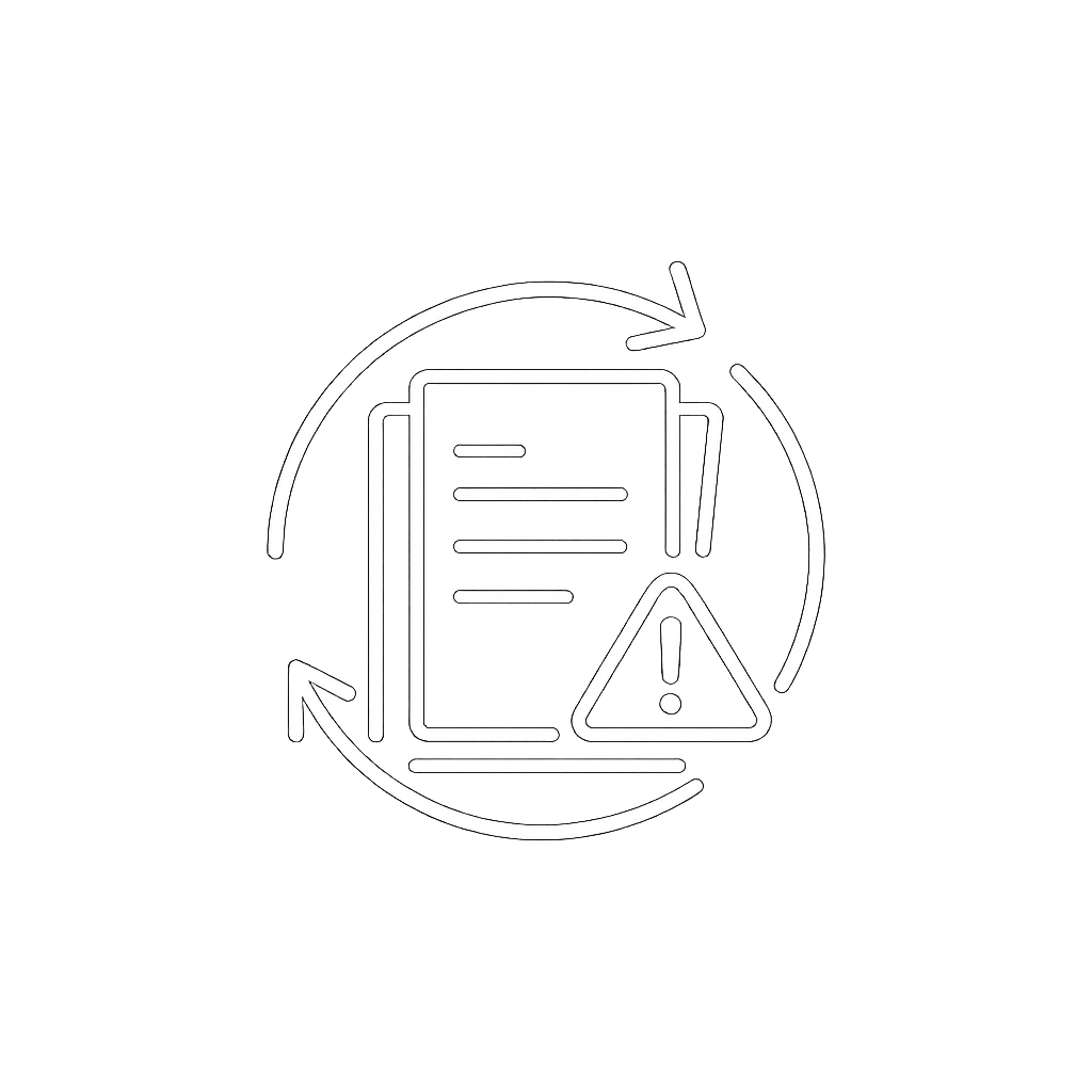 Neon sign depicting a document with a warning triangle and circular arrows around it.