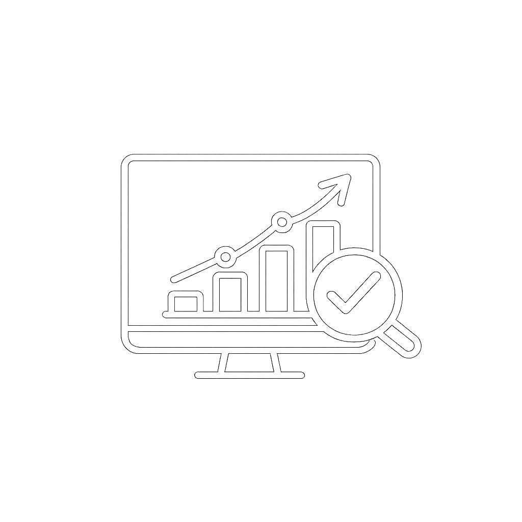 Line graph on a computer monitor showing an upward trend with a magnifying glass and checkmark.