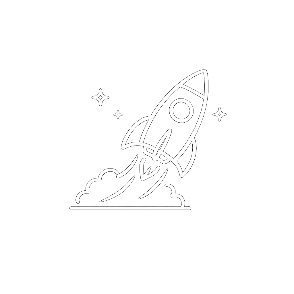 Neon sign of a rocket launching with stars around it on a dark background