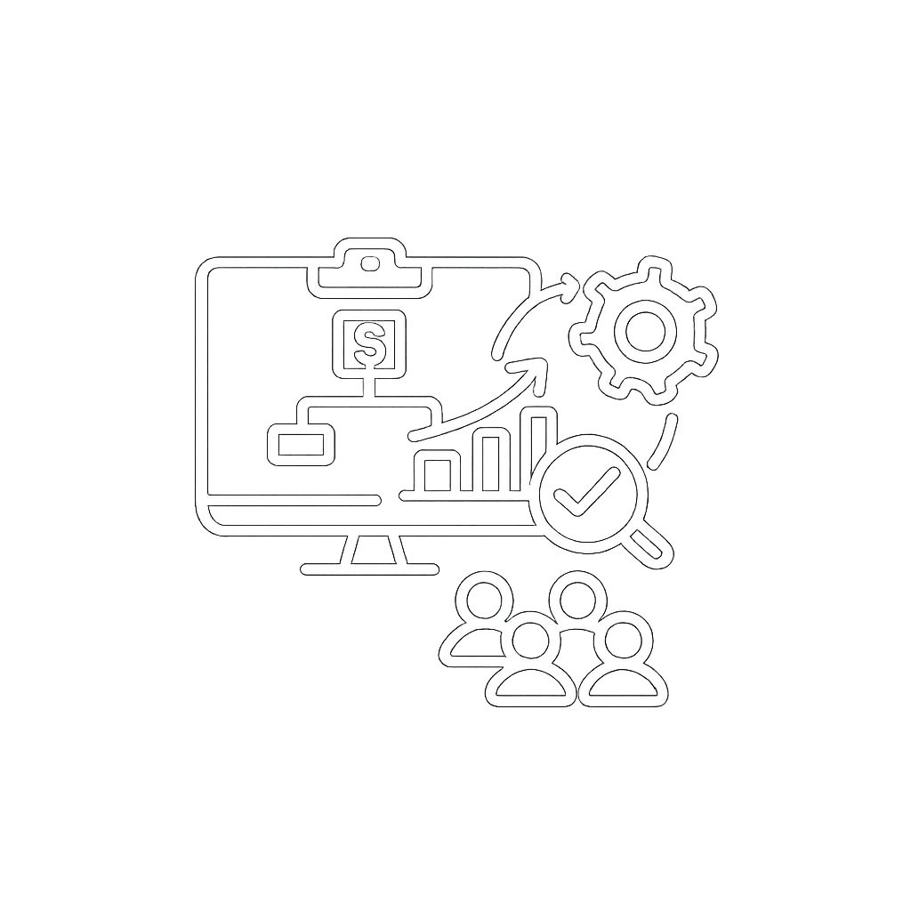 Neon icon representing business growth, analytics, and team collaboration with a computer screen, gears, magnifying glass, bar graph, dollar sign, and group of people.