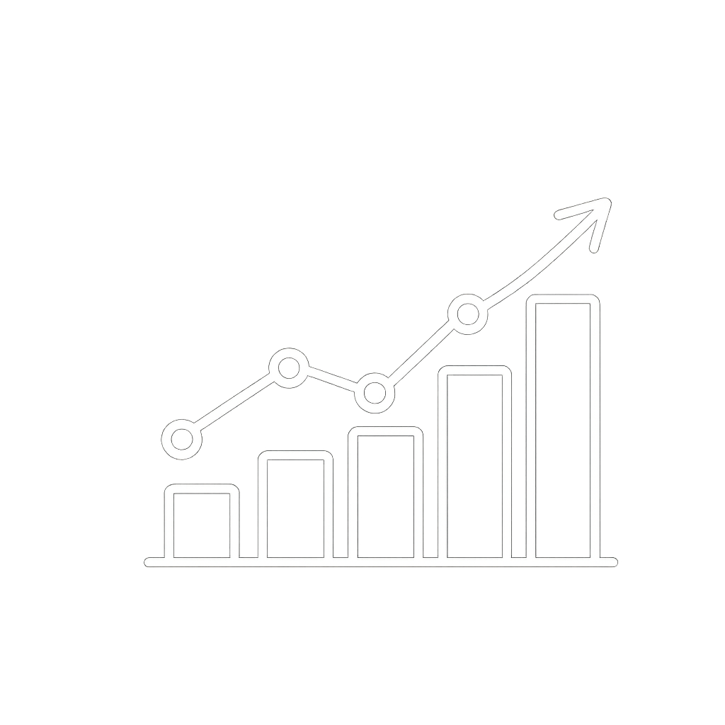 A black and white line graph showing an upward trend, with increasing bar heights and a rising arrow.