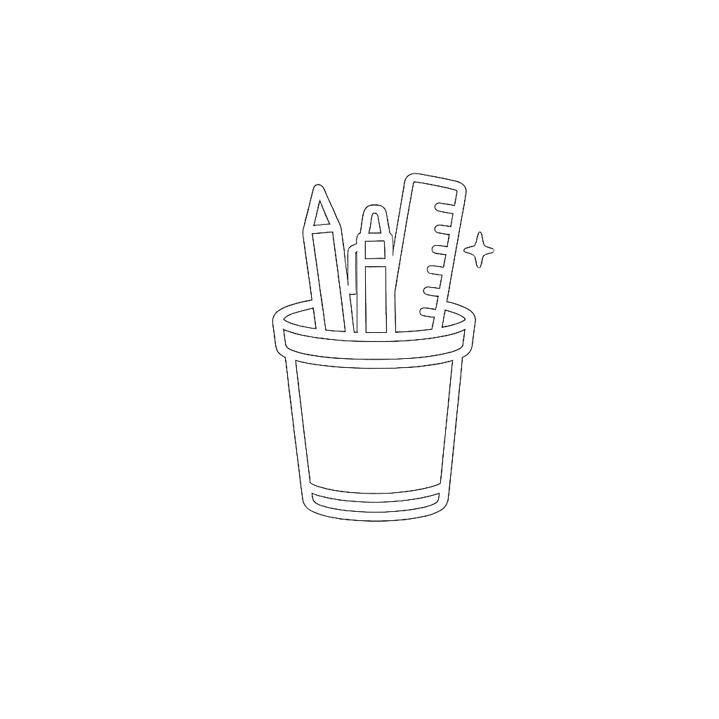 Line drawing of a container holding a pencil, a pen, and a ruler with a star next to it, on a black background.