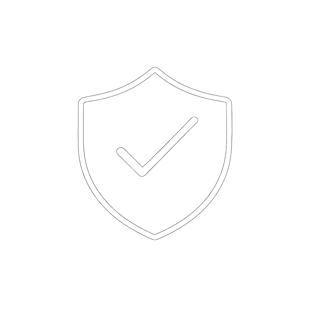 Outline of a shield with a check mark inside, representing security or protection