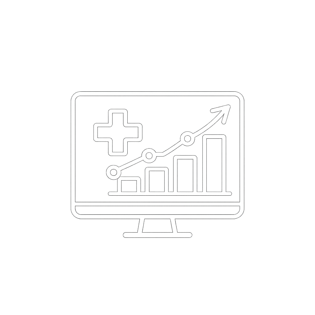 A computer monitor displaying a healthcare-themed growth chart with a plus symbol and an upward trending arrow.