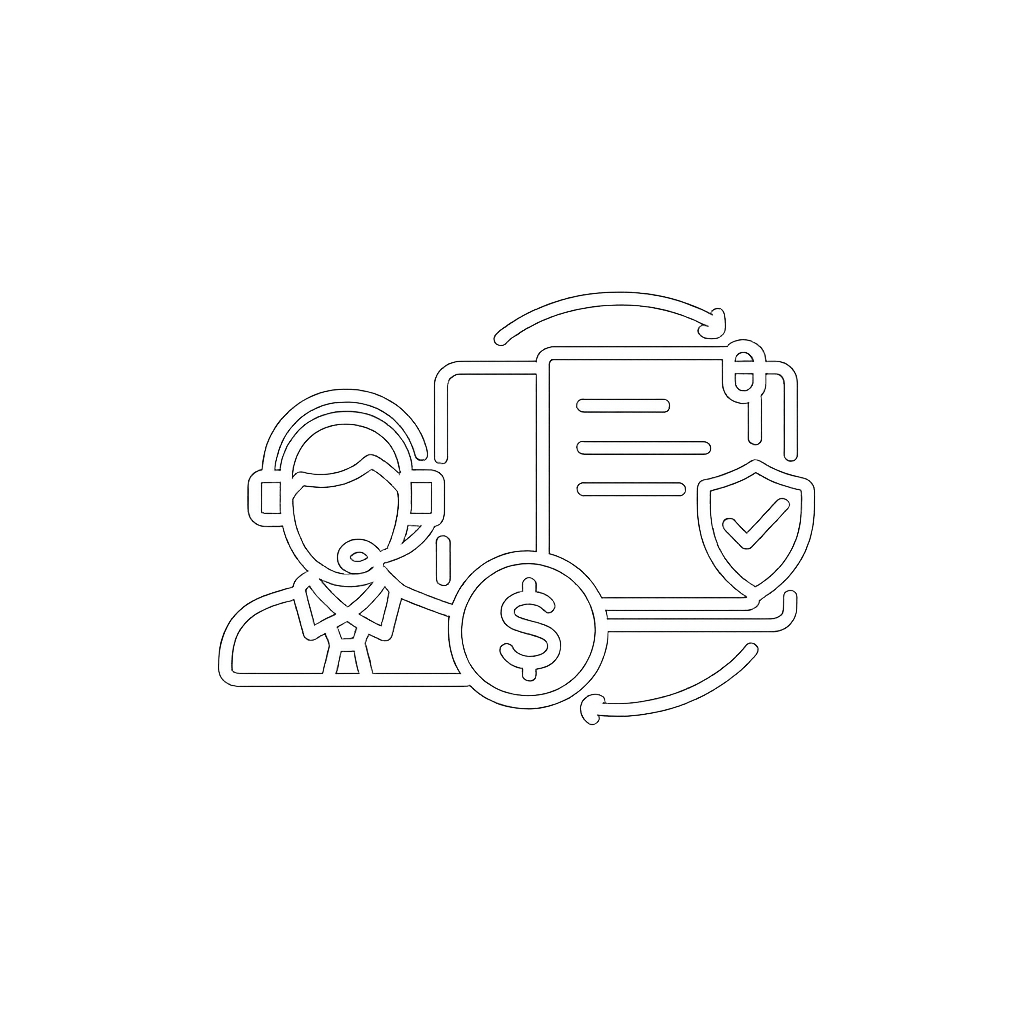 Digital illustration of customer service representative wearing a headset, a dollar sign, a shield with a checkmark, and documents with arrows indicating process or security.