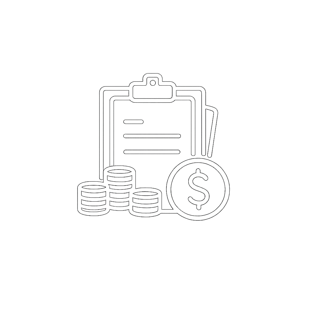 Outline icon of a calculator, coins, and a dollar sign, representing finance or money management.