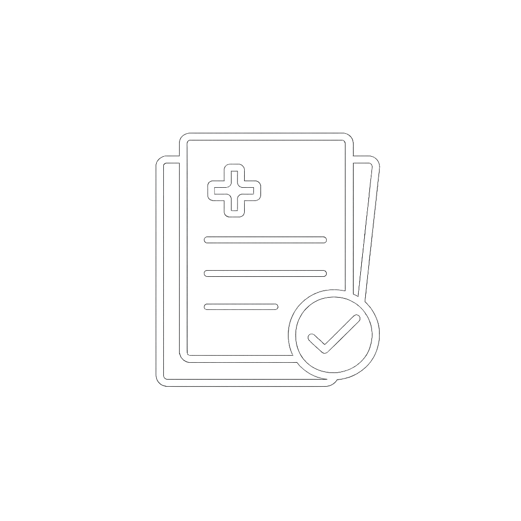 Medical documents with a checkmark and a plus sign, indicating medical approval or certification.