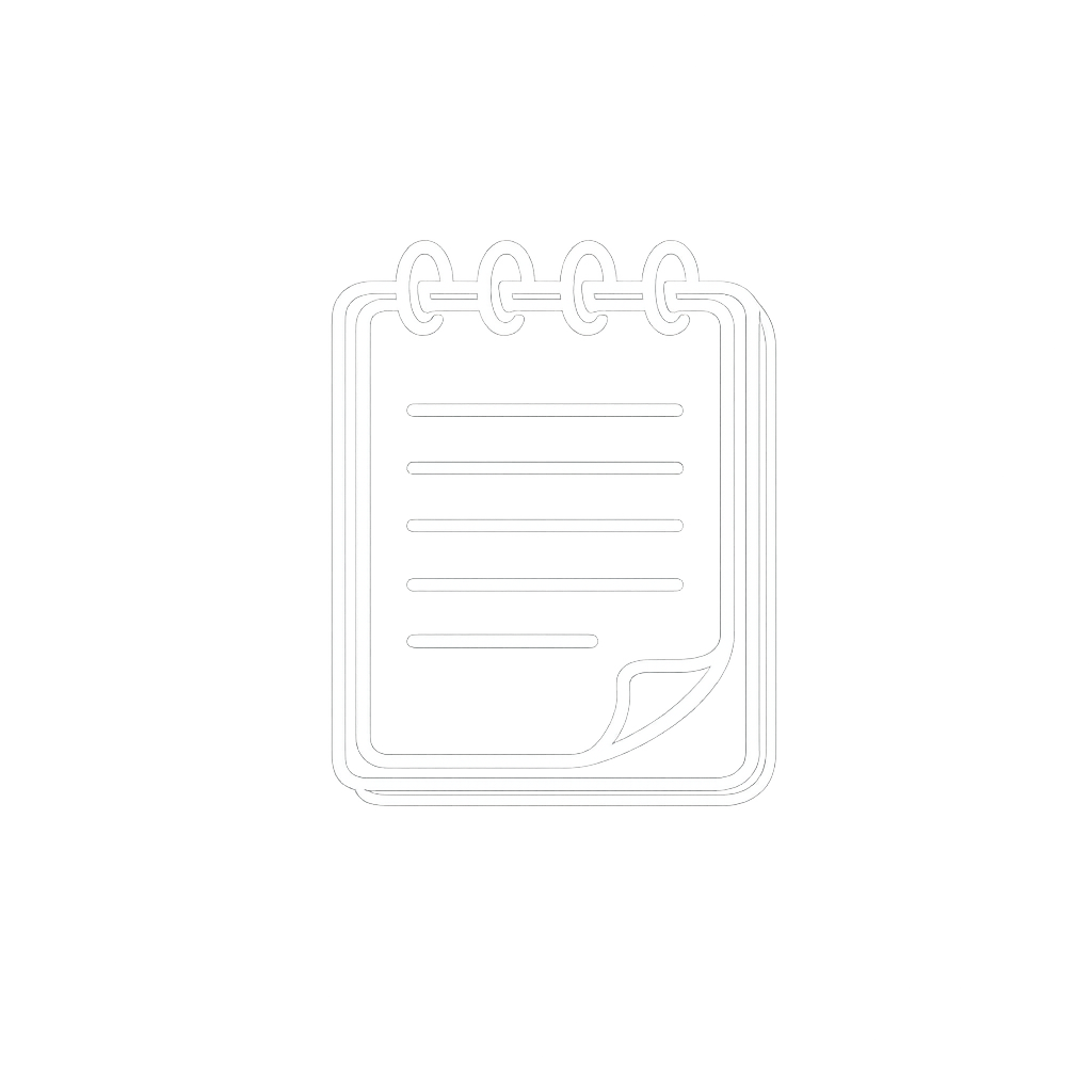 Outline illustration of a notepad with lined pages and a curled bottom right corner.