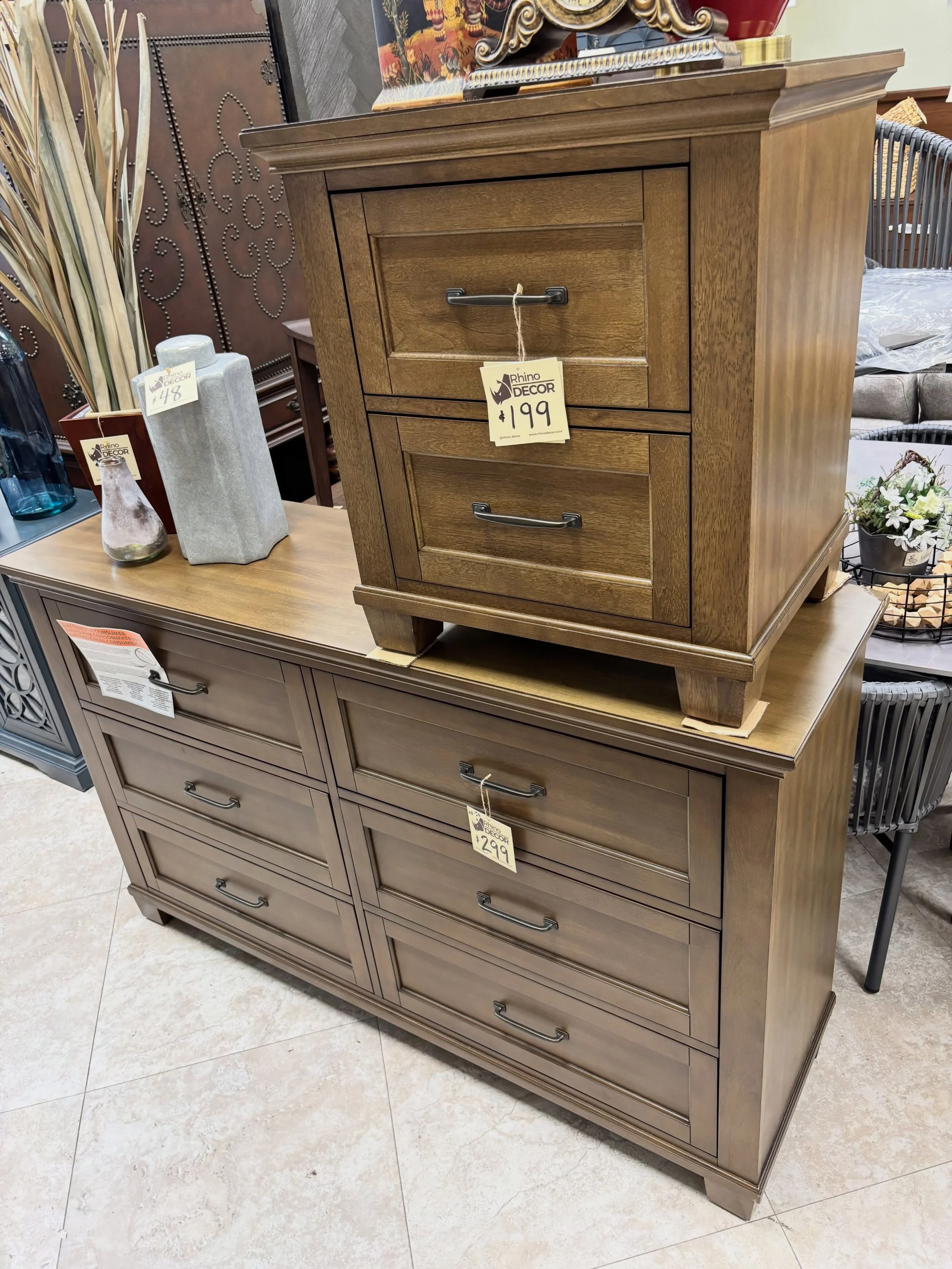 LOWERED PRICE &hellip; 2pc Set

Pierson 6 Drawer Dresser (As-Is)
✅ Like New Condition, Corners damaged in shipping. 
📏62&rdquo; x 18&rdquo; x 38&rdquo;H
💲 249

Medium Wood 2 Drawer Nightstand
✅ Like New Condition
📏 24&rdquo; x 18&rdquo; x 27&rdquo