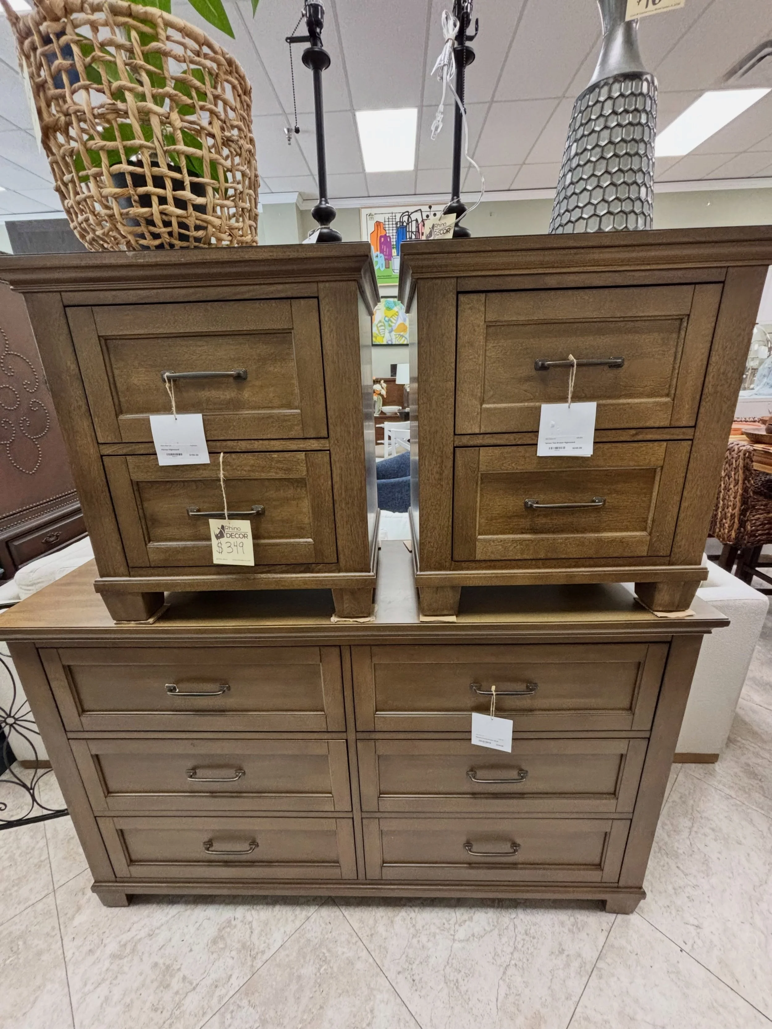 JUST ARRIVED &mdash; classic style, smart savings.

Pierson Dresser + 2 Nightstands 
✅ Like New Condition, Dresser corner damaged in warehouse. 
📏Dresser 62&rdquo;X18&rdquo;X38&rdquo;H; Nightstand 24&rdquo;X18&rdquo;X27&rdquo;H.
 💲649, 3 piece set
