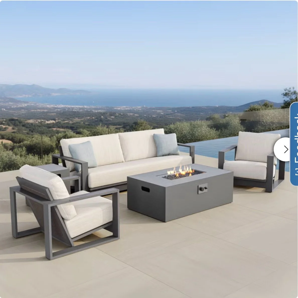 JUST ARRIVED &mdash; don&rsquo;t miss this one.

Milan 5-piece Outdoor Patio Fire Seating Set
✅ Like New Condition 
📏 Chairs: 33&rdquo; x 35&rdquo; x 28&rdquo;H, Sofa: 83&rdquo; x 35&rdquo; x 28&rdquo;H, Fire Table: 42&rdquo; x 27&rdquo; x 14.5&rdqu