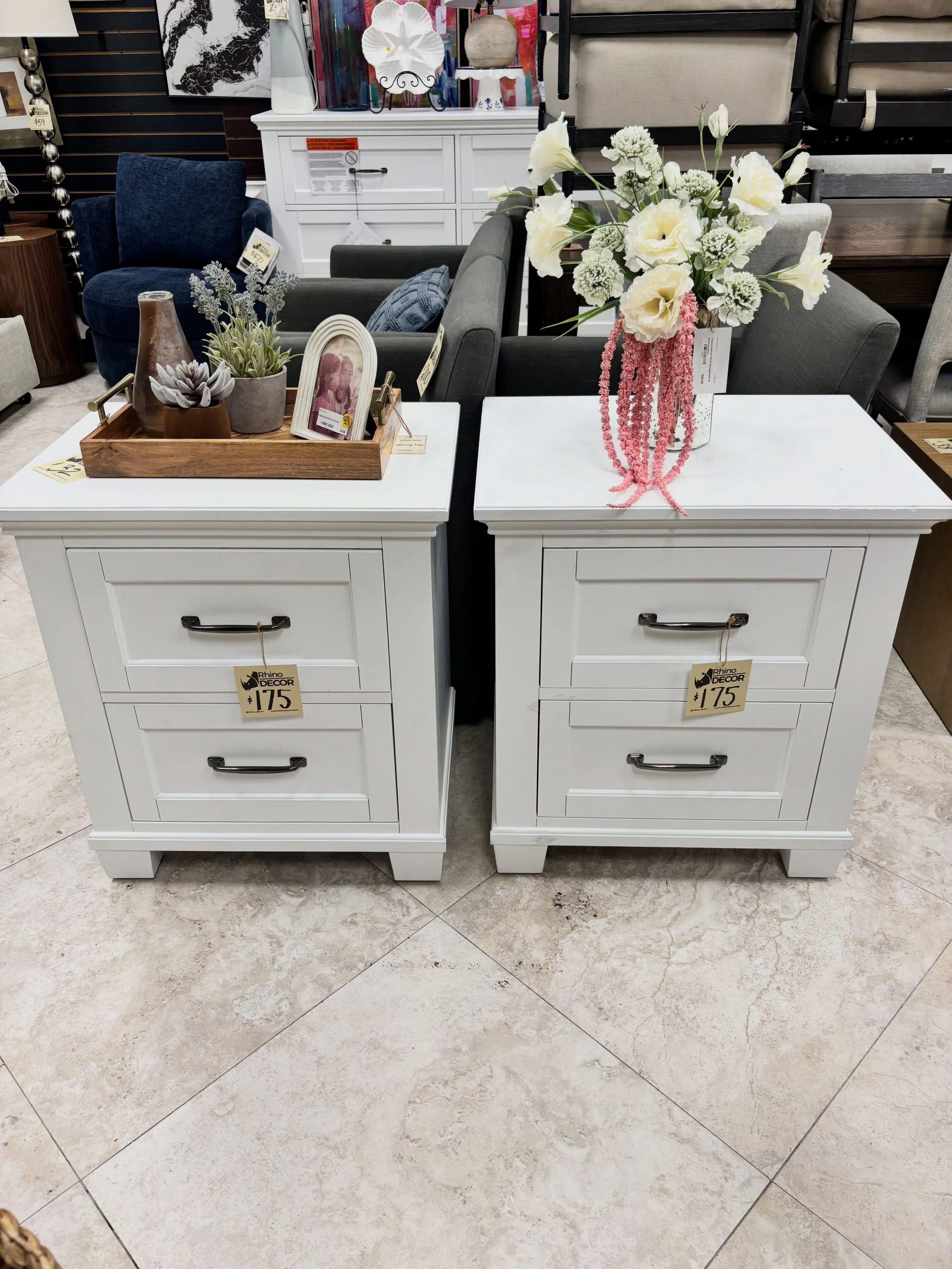 JUST ARRIVED &mdash; quality resale at a great value

White Rose 2 Drawer Nightstands (2)
✅ Like New, minor scratches, See photos.
📏 24&rdquo; X 18&rdquo; X 26.5&rdquo;H
💲 175 each, 2 available

Available now at Rhino Decor
📍 13393 W Colonial Dr, 