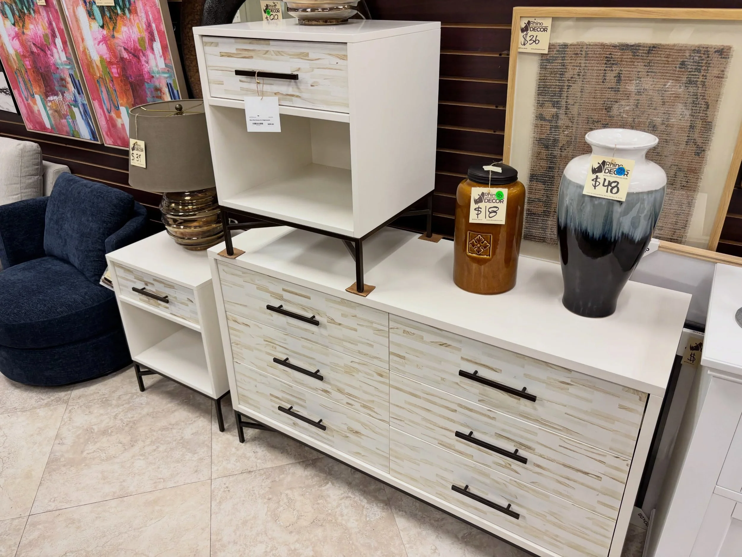 JUST ARRIVED &mdash; class style, smart savings🦏

West Elm White Dresser &amp; 2 Nightstands
✅ Great Condition
📏 Nightstand: 20&rdquo; x 18&rdquo; x 26&rdquo;H, Dresser: 54&rdquo; x 18.5&rdquo; x 33&rdquo;H. 
💲899

Rhino Decor
📍 13393 W Colonial 