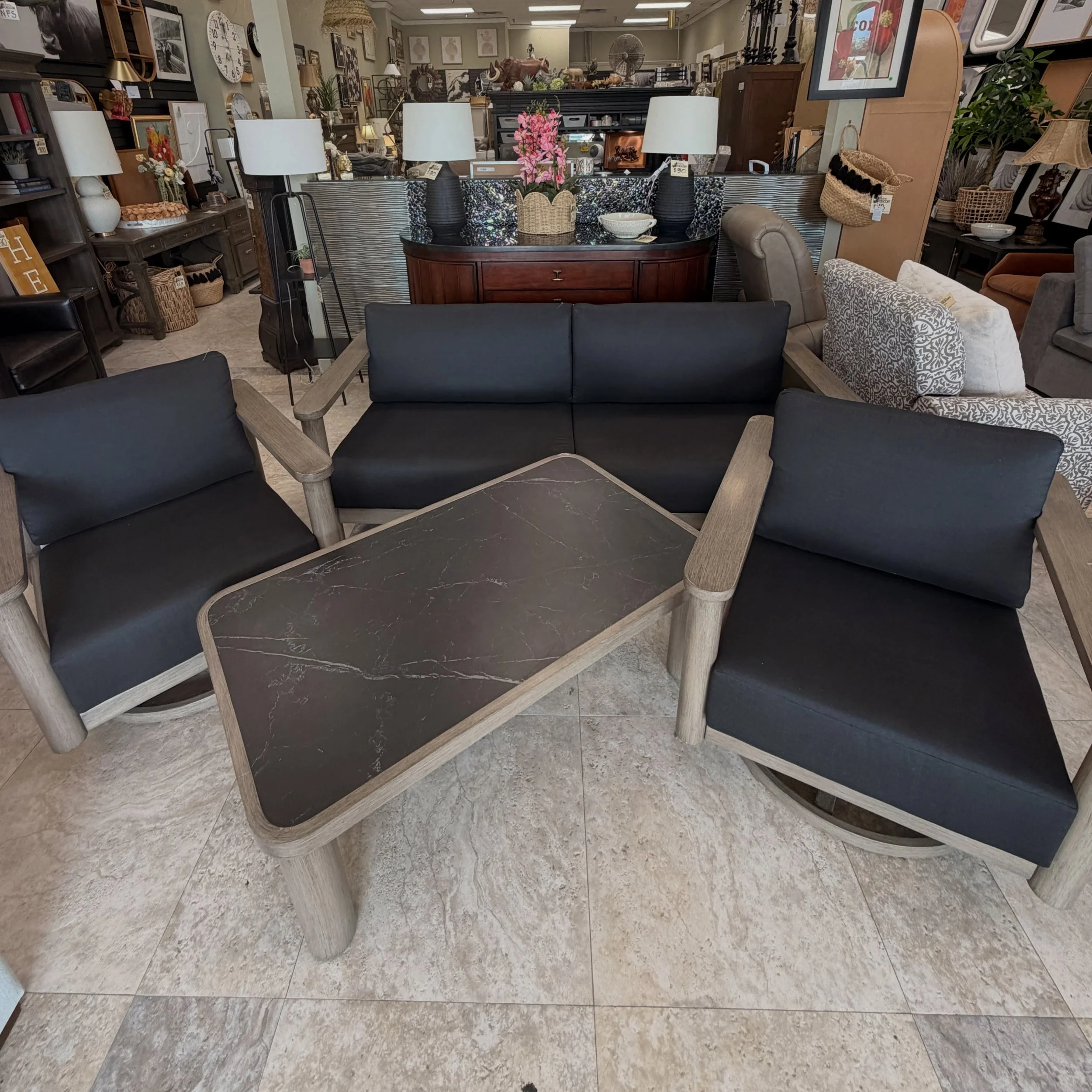 JUST ARRIVED &mdash; another great find at Rhino Decor 🦏

4pc SunVilla Barton Patio Seating Set
✅ Excellent Condition 
📏 Sofa: 77&rdquo; x 35&rdquo; x 29.5&rdquo;H, Chairs: 32&rdquo; x 35&rdquo; x 29.5&rdquo;H, Coffee Table: 48&rdquo; x 28&rdquo; x