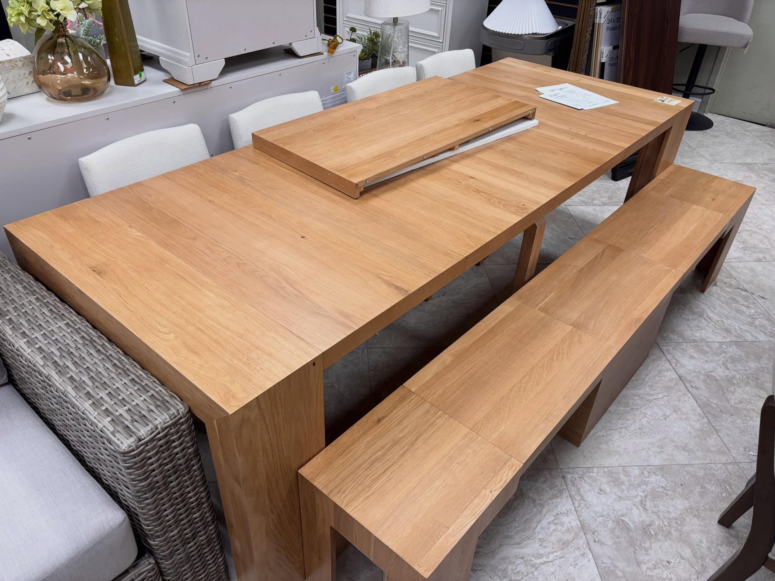 JUST ARRIVED &mdash; another great find at Rhino Decor 🦏

Natural Wood Transformer Table, 5 Leafs for Table + Bench + 8 Chairs
✅Like New Condition
📏 Table (as pictured): 98&rdquo; x 37.5&rdquo; x 30&rdquo;H, Table Leaf 20&rdquo;, Chairs: 17&rdquo; 