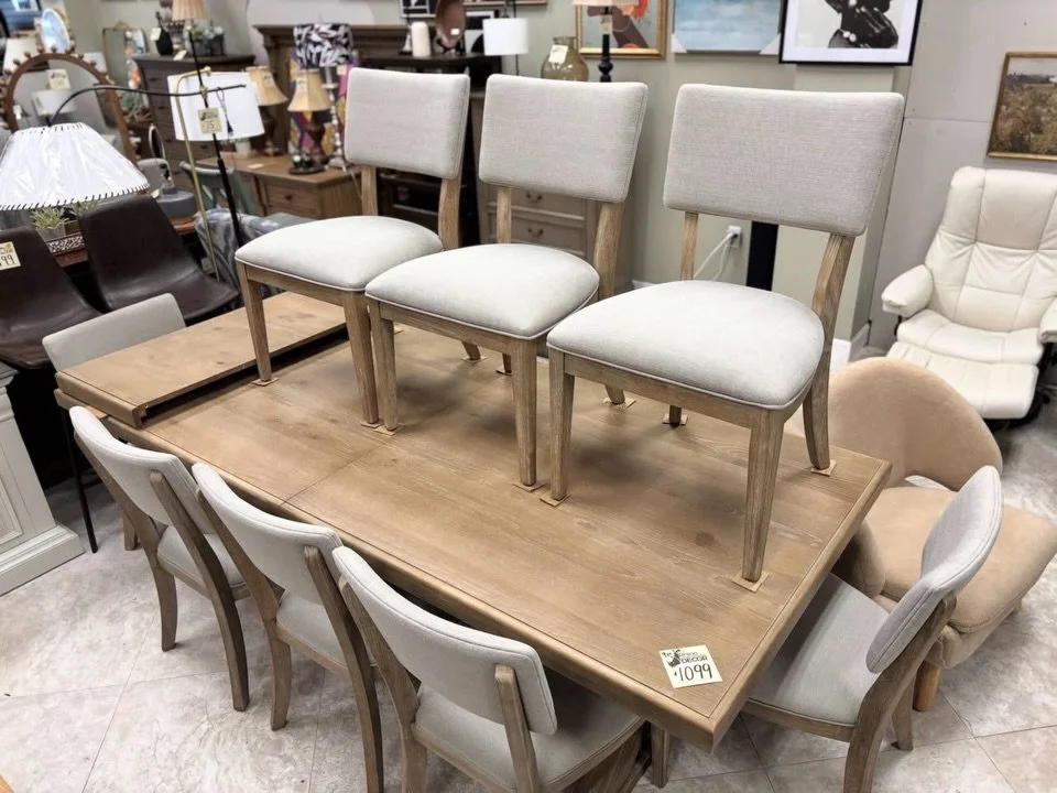 JUST ARRIVED &mdash; by popular demand!! 🦏

Light Wood Mercer Dining Table, 8 Chairs and Leaf
✅ New Condition, Chairs Brand New in Box!
📏 Table: 90&rdquo; x 40&rdquo; x 30&rdquo;H, Leaf 18&rdquo;, Chairs 21&rdquo; x 22.5&rdquo; x 34&rdquo;H
 💲 119