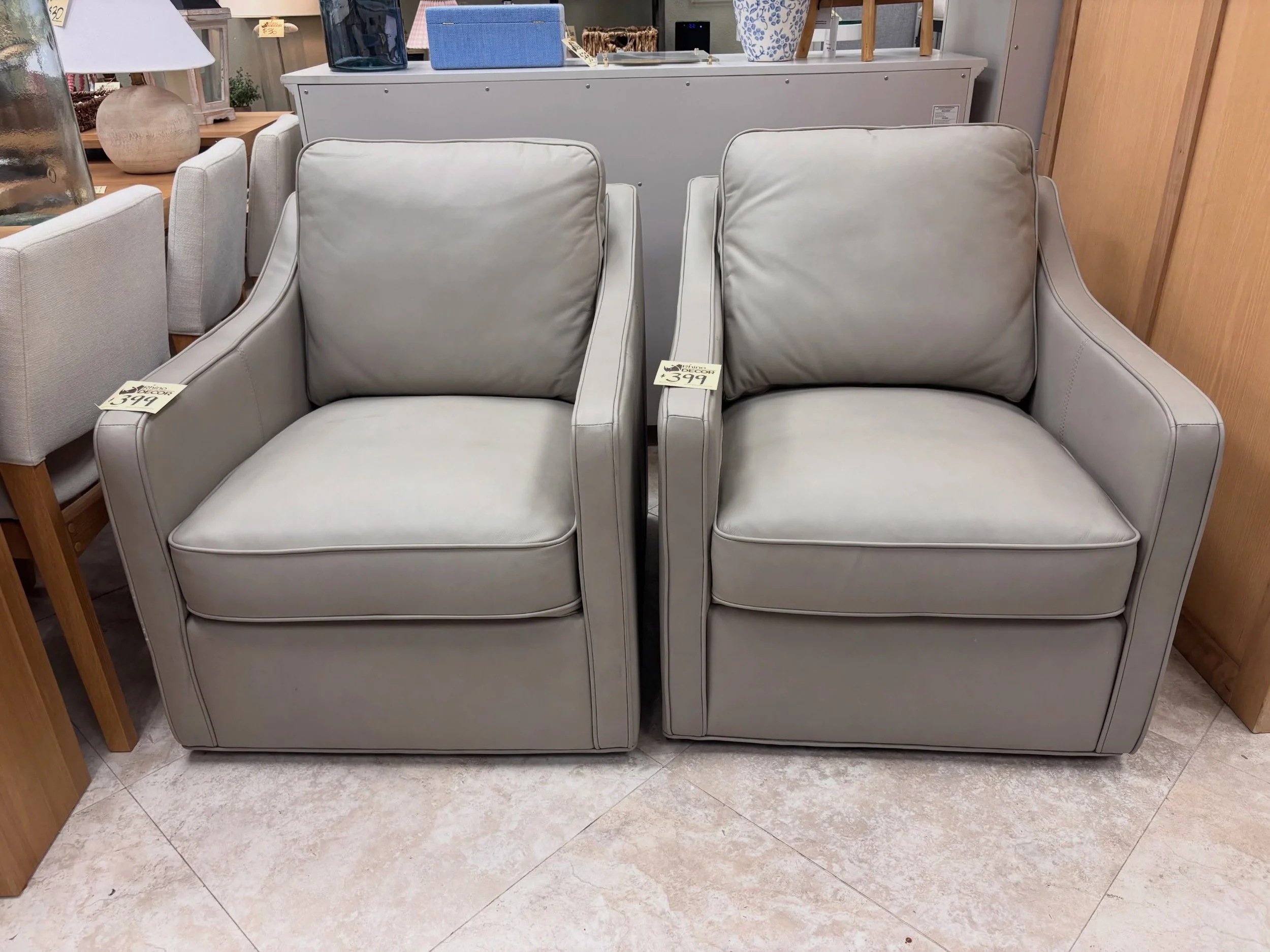 JUST ARRIVED &mdash; another great find at Rhino Decor 🦏

Light Gray Leather Swivel Chairs (2)
✅Like New Condition
📏 29&rdquo; x 37&rdquo; x 33.5&rdquo;H
💲798

Rhino Decor
📍 13393 W Colonial Dr, Winter Garden, FL 34787
🕙 Tue&ndash;Thu 10&ndash;5