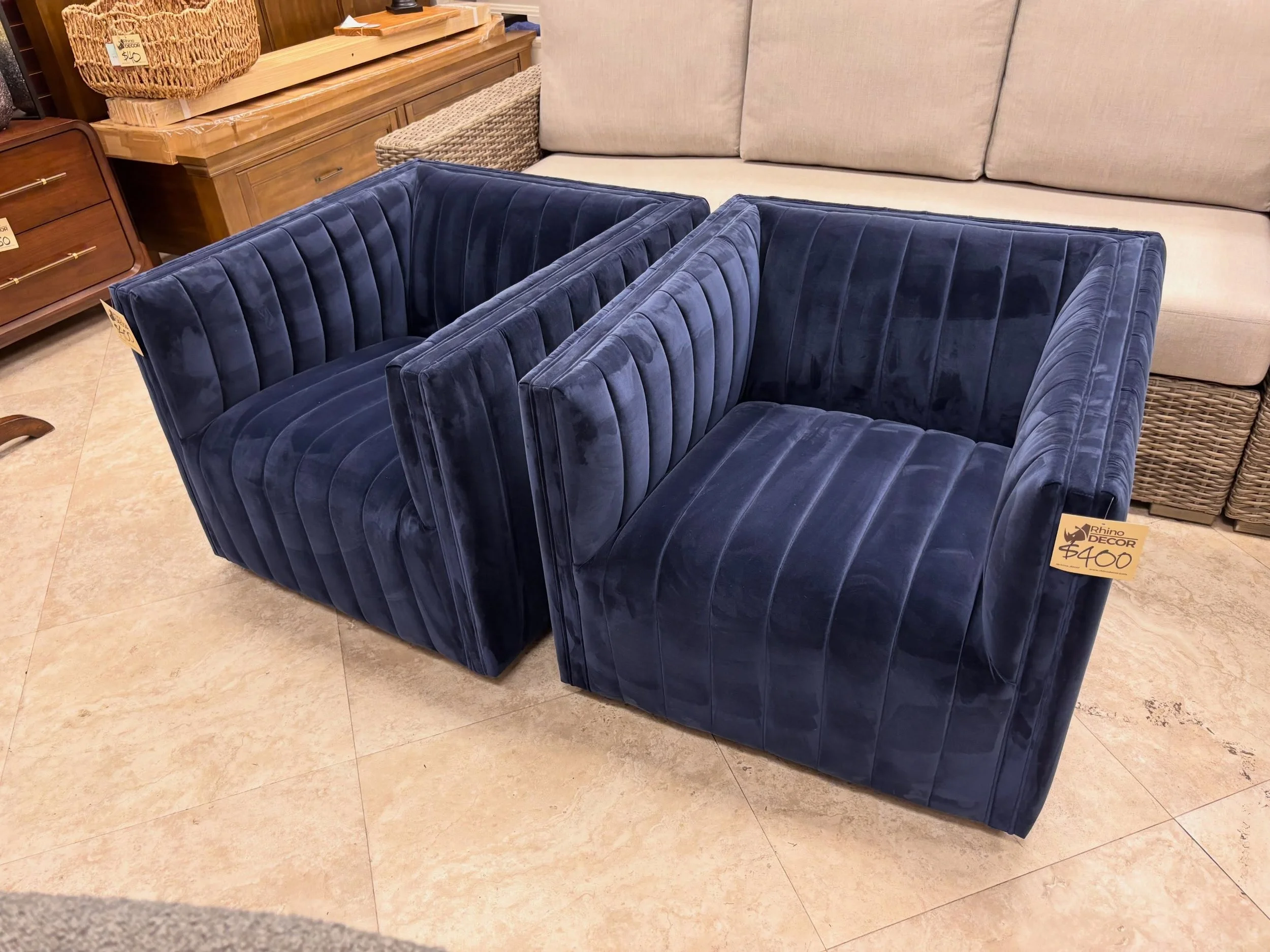 JUST ARRIVED &mdash; another great find at Rhino Decor 🦏

Lulu + Georgia Blue Roz Swivel Chairs (2)
✅ Excellent Condition
📏 31&rdquo; x 34&rdquo; x 26.5&rdquo;H
💲799 for both

Rhino Decor
📍 13393 W Colonial Dr, Winter Garden, FL 34787
🕙 Tue&ndas