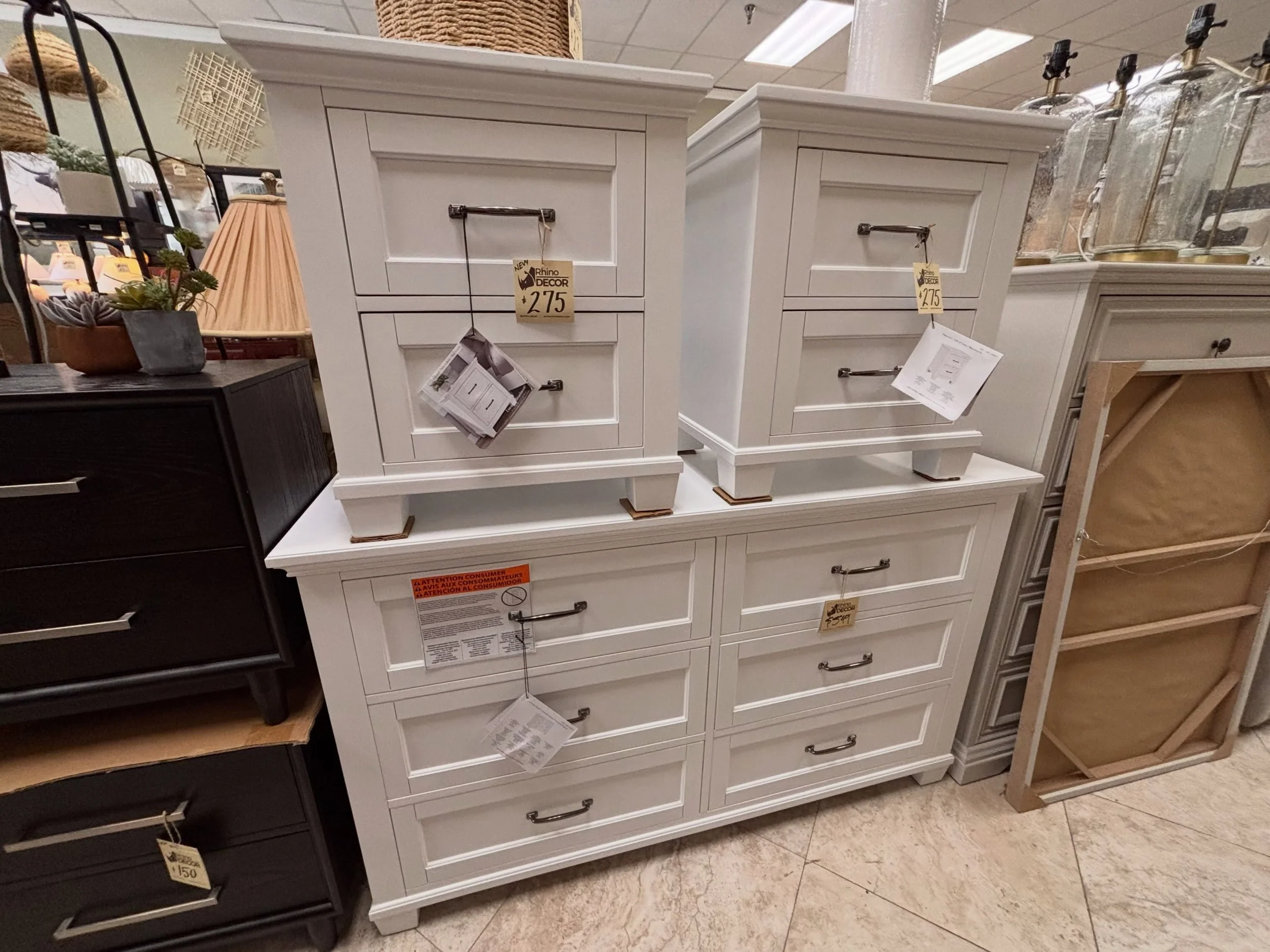 JUST ARRIVED &mdash; classic style, smart savings.

White Rose 6 Drawer Dresser + 2 Nightstands 
✅ Like New Condition 
📏 Dresser: 62&rdquo; x 18&rdquo; x 38&rdquo; H, Nightstands: 24&rdquo; x 18&rdquo; x 26&rdquo;H. 
 💲 1050

Available now at Rhino