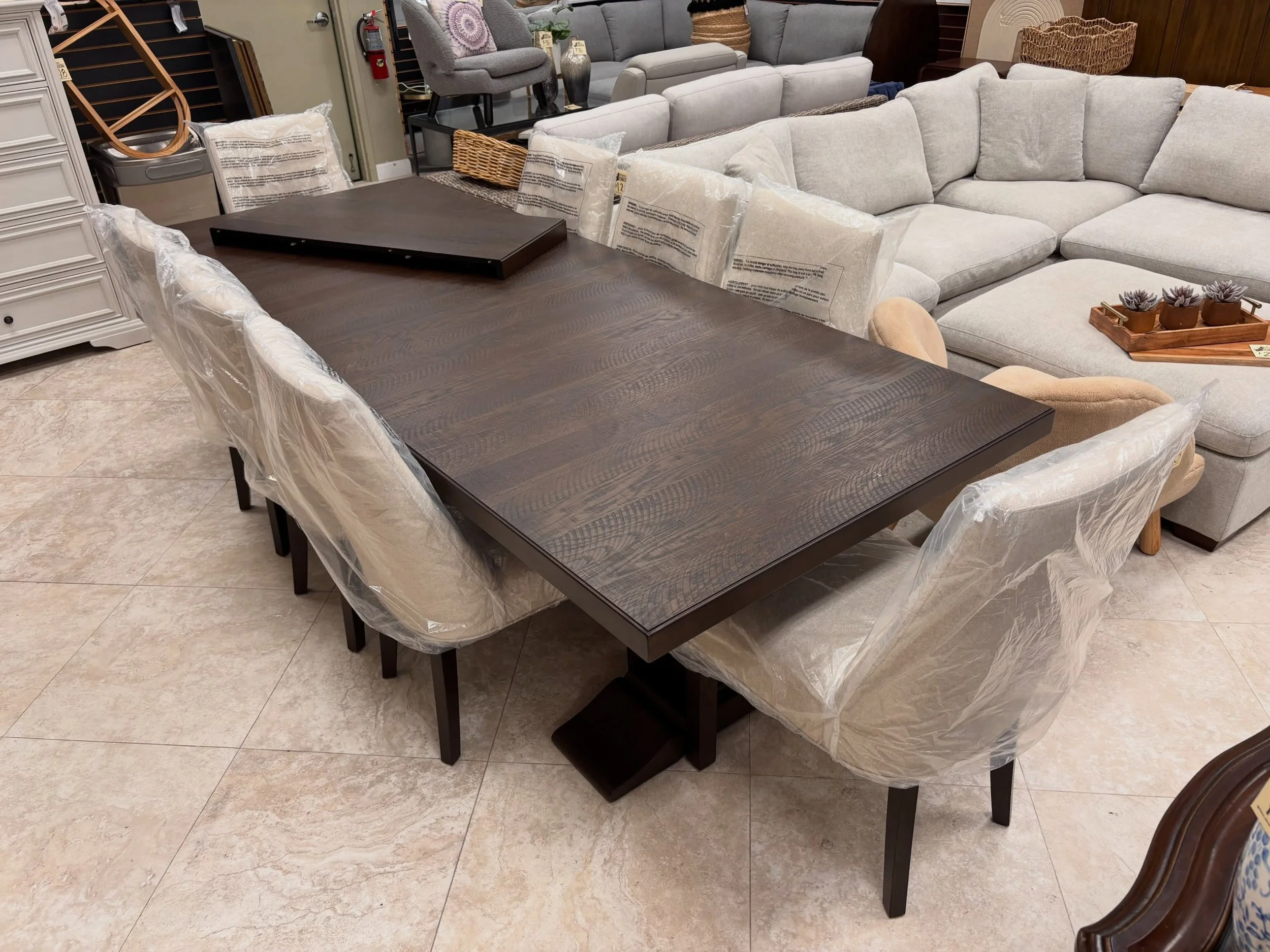 JUST ARRIVED ON SALES FLOOR &mdash; by popular demand!! 🦏

Dark Brown Trestle Table w/8 Chairs + Leaf
✅Like New Condition
📏 Table: with leaf 124&rdquo; x 42&rdquo; x 30&rdquo;H, w/o 108&rdquo;L, 
Chairs 20&rdquo; x 25.5&rdquo; x 39&rdquo;H.
💲1699
