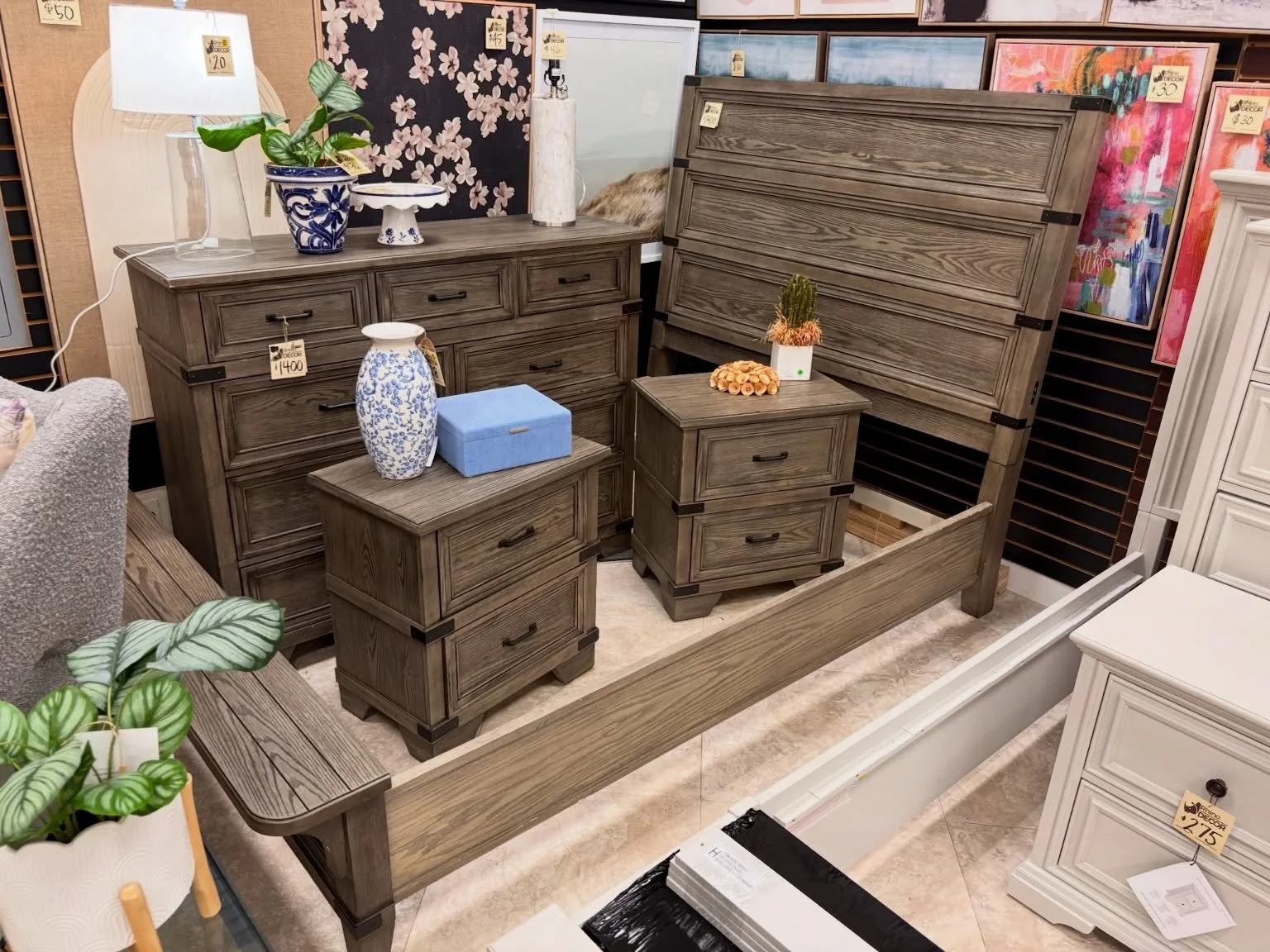 JUST ARRIVED &mdash;Now on the Showroom Floor! 🦏

Grey &amp; Black Metal 4pc Queen Bed Set
✅Good Condition
📏 Bed: 67&rdquo; x 99&rdquo; x 64&rdquo;H, Nightstands: 26&rdquo; x 16.5&rdquo; x 28&rdquo;H, Dresser: 58&rdquo; x 18.5&rdquo; x 46&rdquo;H
?