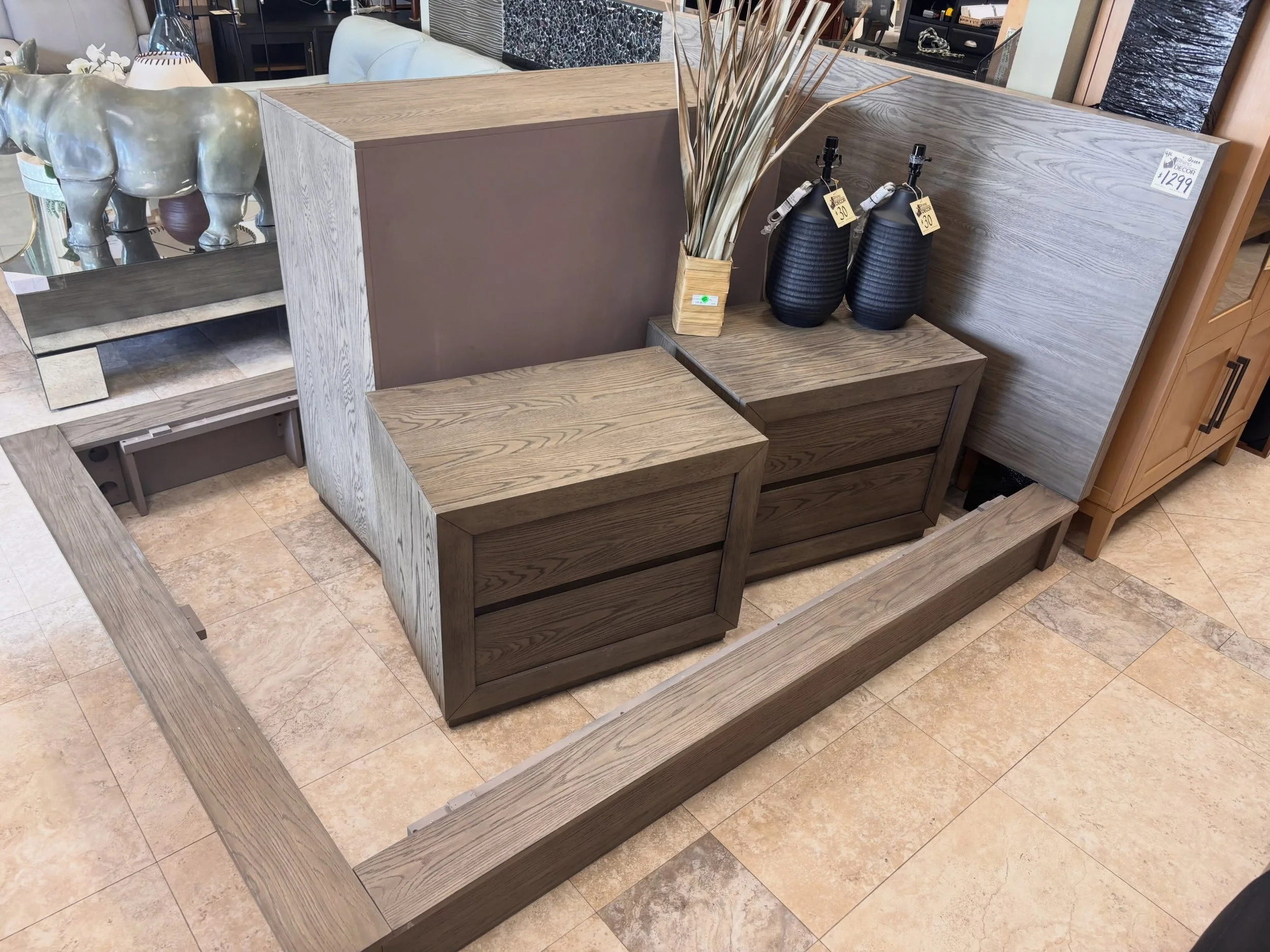 JUST ARRIVED &mdash; Now on the showroom floor at Rhino Decor 🦏

4pc Gray Queen Bedroom Set (Chest, 2 Nightstands &amp; Bed)
✅ Great Condition 
📏 Bed Frame: 73&rdquo; x 90&rdquo; x 48&rdquo;H, Dresser: 50&rdquo; x 20&rdquo; x 45&rdquo;H, Nightstand