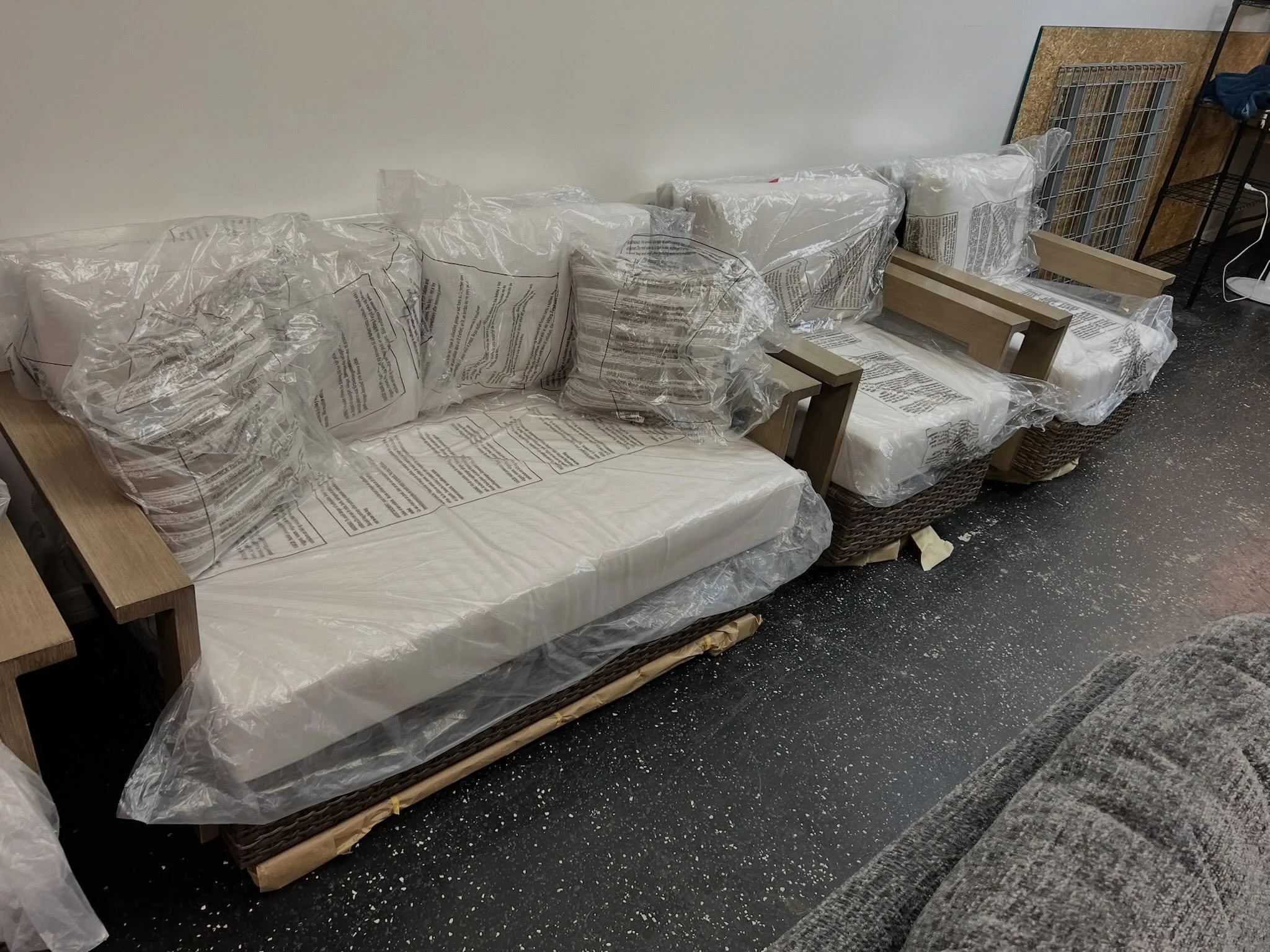 JUST ARRIVED &mdash; by popular demand!! 🦏 

Juniper 5pc Woven Wicker Fire Pit Patio Set
✅ Like New Condition
📏 Glider Loveseats: 57&rdquo; x 33&rdquo; x 32&rdquo;H, Swivel Glider Chairs: 32.5&rdquo; x 32.5&rdquo; x 32&rdquo;H, Firepit Table: 40&rd