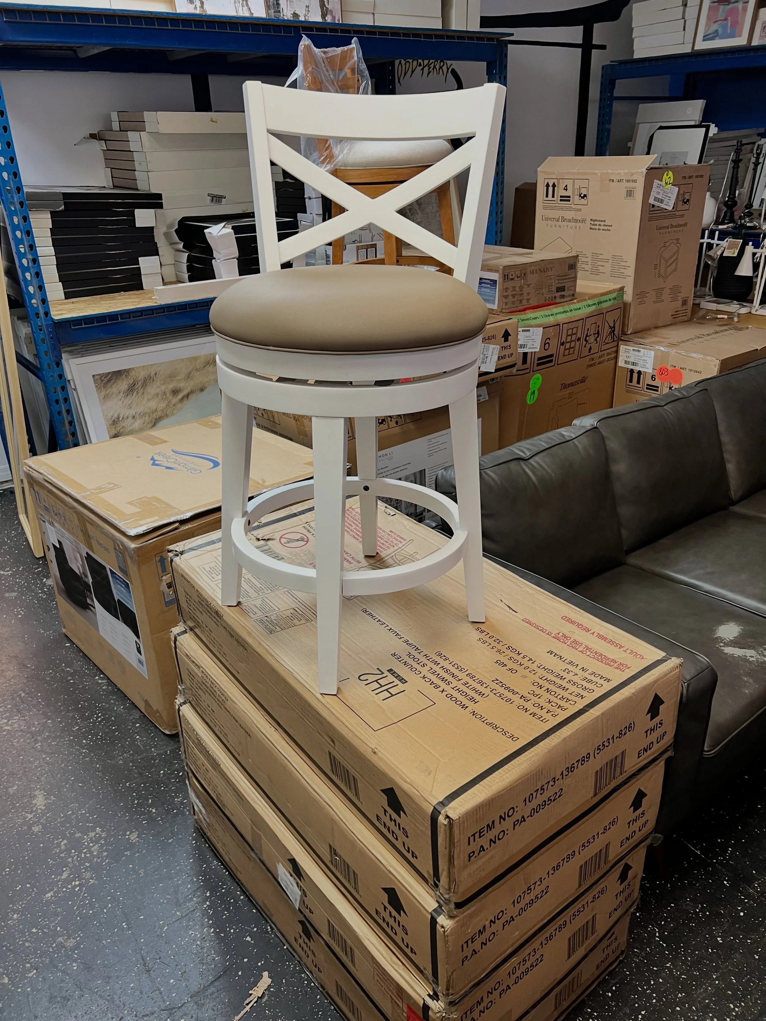 JUST ARRIVED &mdash; half off retail price 😳🦏

Grace White &amp; Taupe Leather Counter Stools (4)
✅ New in the Box
📏 21&rdquo; x 21&rdquo; x 38&rdquo;H, Floor to Seat 26&rdquo;H
💲500 for set of 4

Rhino Decor
📍 13393 W Colonial Dr, Winter Garden