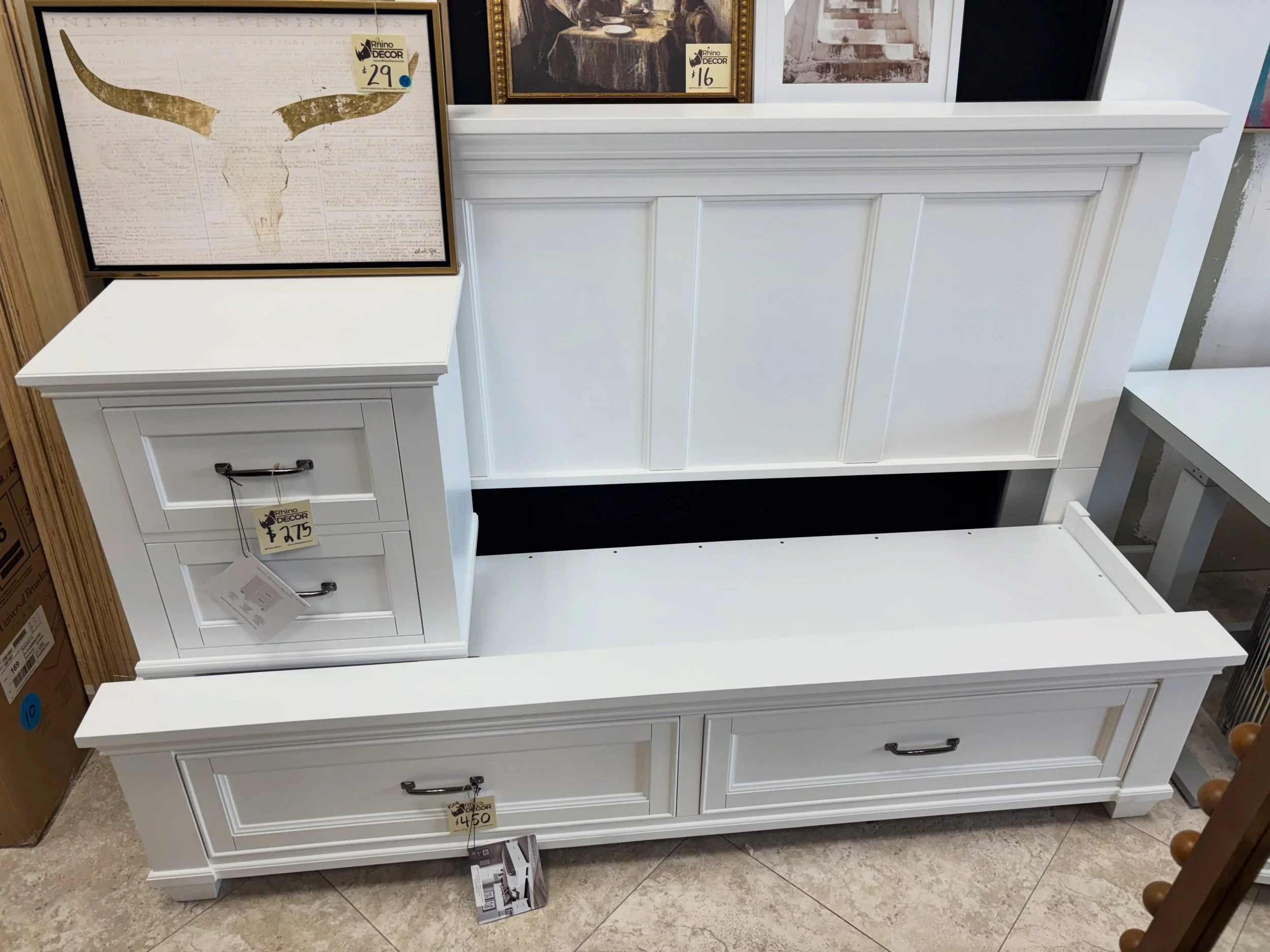JUST ARRIVED &mdash; by popular demand!! 🦏 

White Rose King Bed w/Storage Drawers &amp; Nightstand
✅ Like New Condition
📏 Bed: 66&rdquo; x 89.5&rdquo; x 53&rdquo;H, Nightstand: 24&rdquo; x 18&rdquo; x 26.5&rdquo;H
💲725

Rhino Decor
📍 13393 W Col