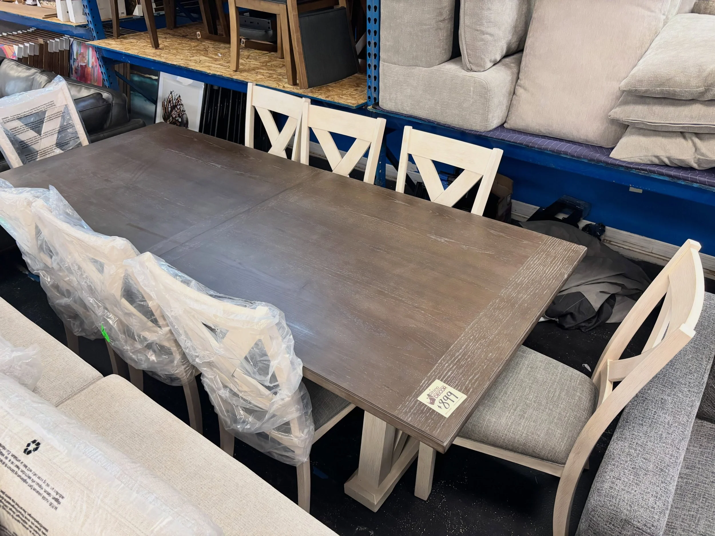 JUST ARRIVED &mdash; and priced to move!! 🦏

9pc Newport Farmhouse Dining Table Set
✅Like New Condition, corners have been repaired from small shipping damages. 
📏 Table: 96&rdquo; x 42&rdquo; x 30&rdquo;H, Chairs: 20&rdquo; x 24&rdquo; x 40&rdquo;