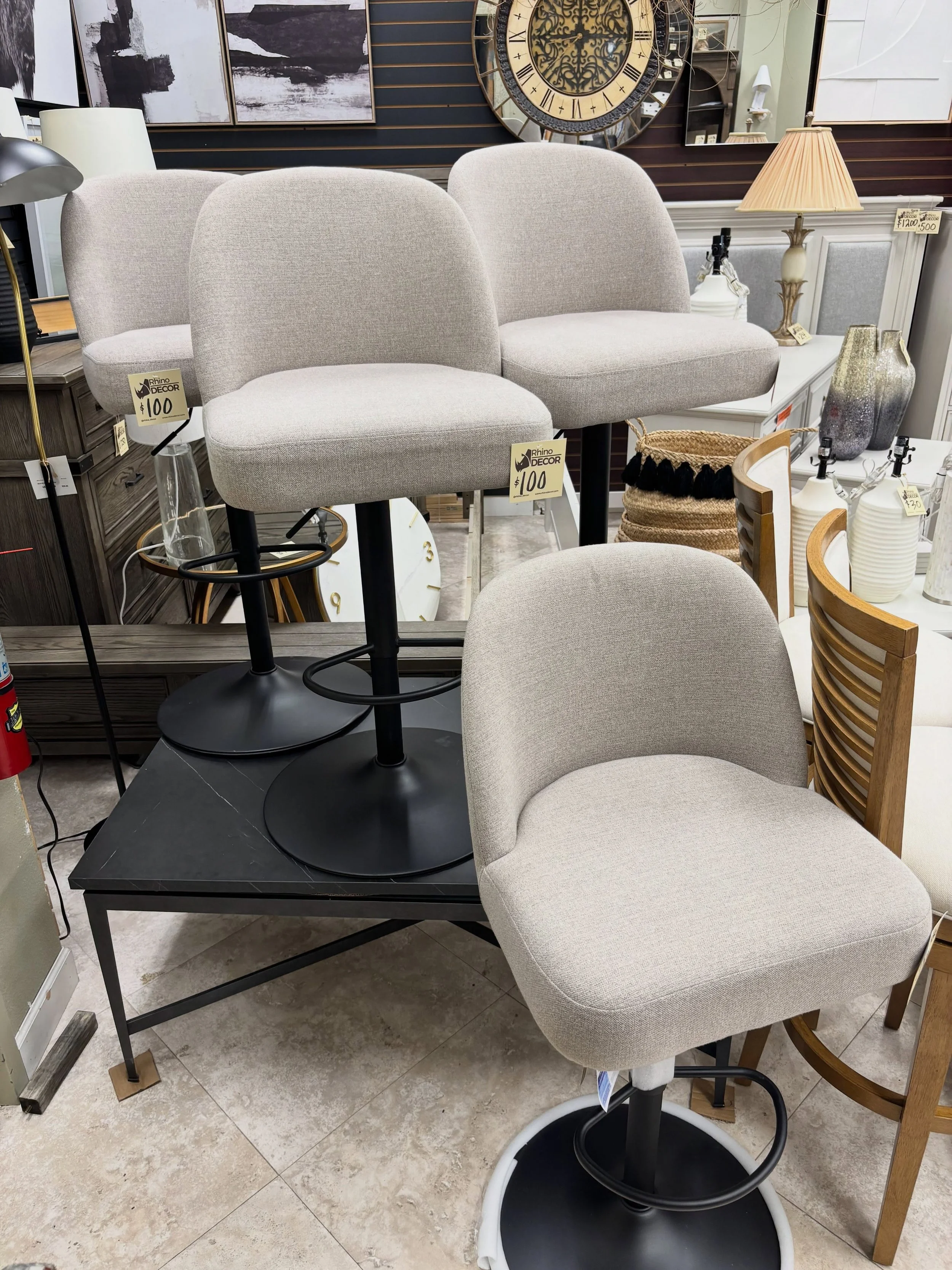 JUST ARRIVED &mdash; by popular demand!! 🦏

Highland Fabric Gas Lift Barstools (4)
✅ Like New Condition
📏 20&rdquo; x 20&rdquo; x 25.5H to 33&rdquo;H 
💲400 for set of 4

Rhino Decor
📍 13393 W Colonial Dr, Winter Garden, FL 34787
🕙 Tue&ndash;Thu 