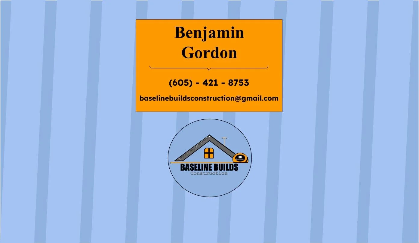 Business card for Benjamin Gordon with phone number and email, featuring a logo for Baseline Builds Construction with a blue background and house icon.