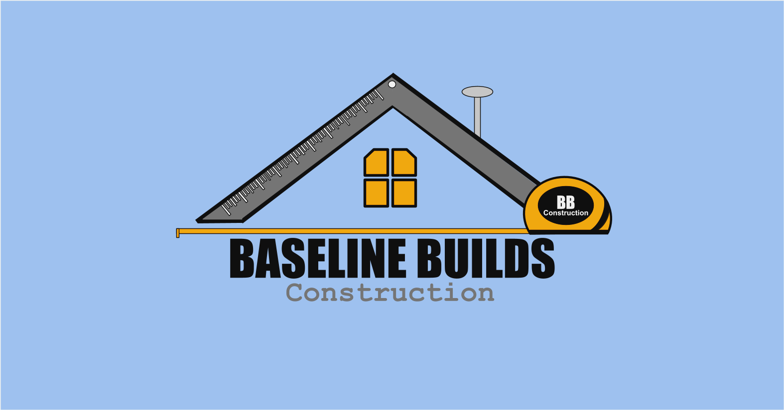 Logo for Baseline Builds Construction featuring a house roof with a ruler and tape measure, with text 'Baseline Builds Construction' and 'BB Construction' on a light blue background.
