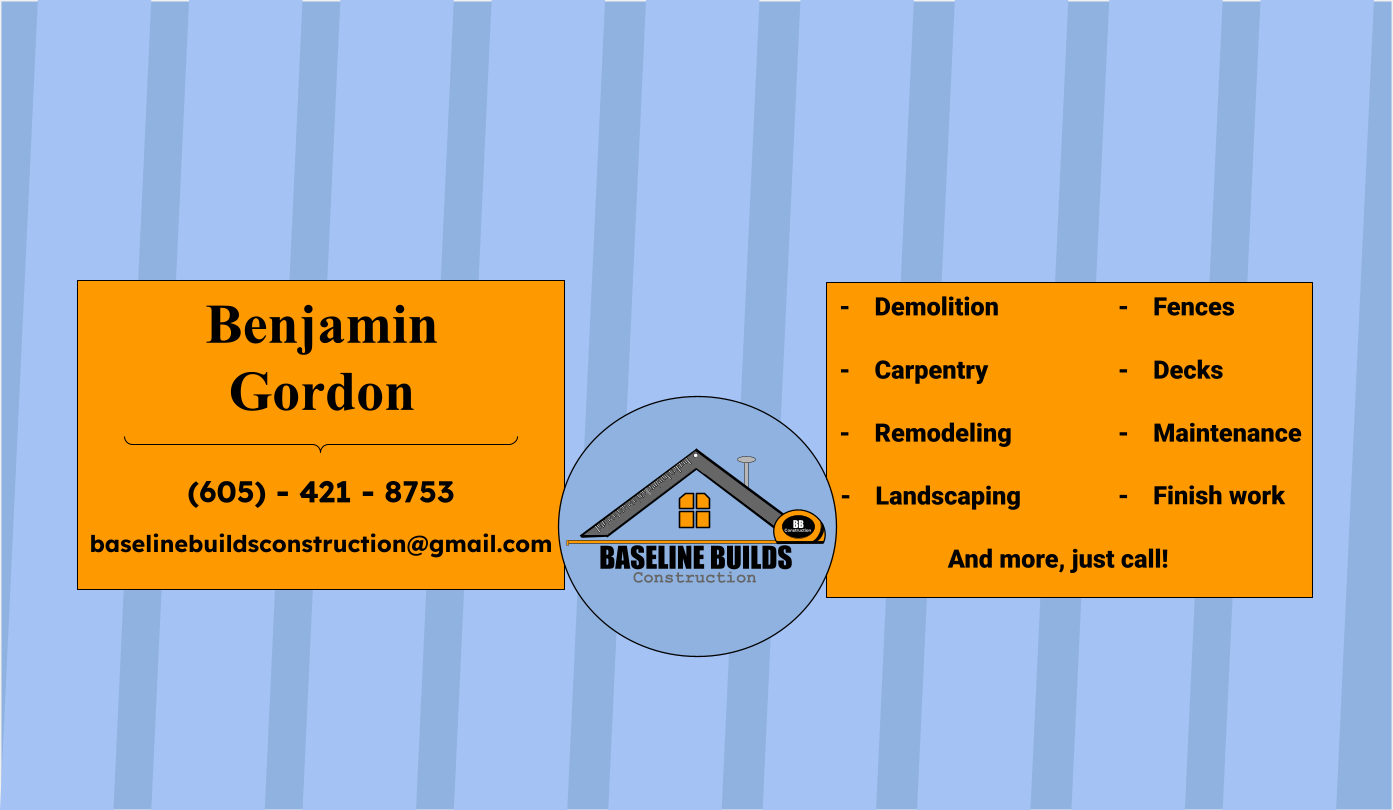 Business card for Benjamin Gordon from Baseline Builds Construction, featuring contact information, and list of services like demolition, fencing, carpentry, decks, remodeling, maintenance, landscaping, finish work, with the company's logo of a house roof and chimney.