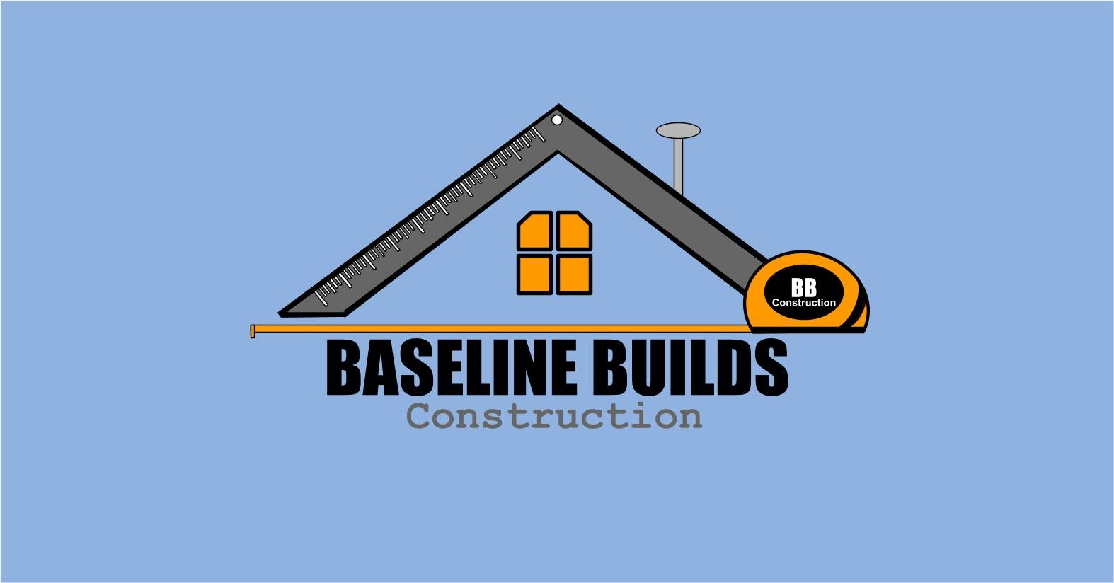 Logo for Baseline Builds Construction featuring a house outline made with a ruler and a tape measure, a window, and the company name in bold letters.