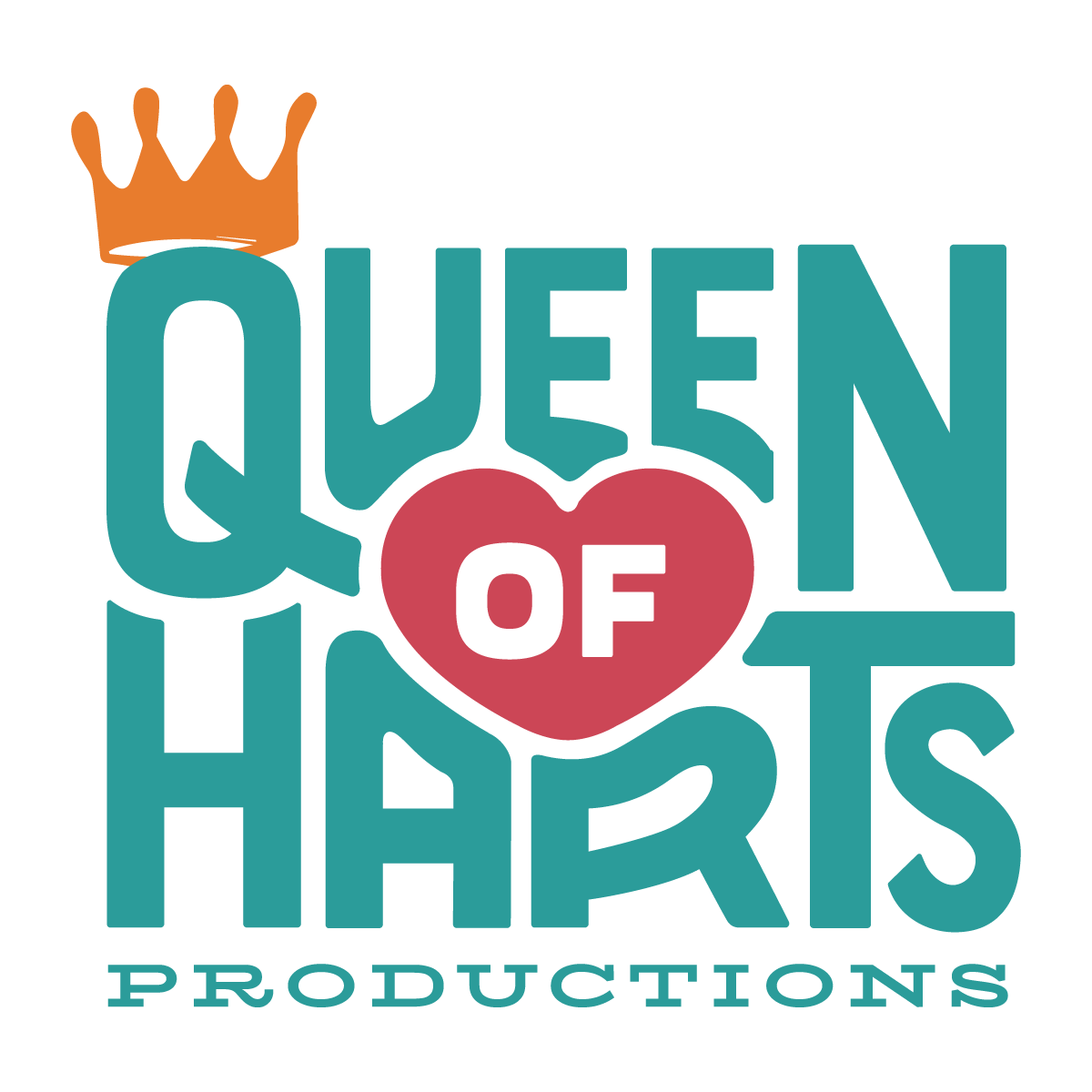 Graphic design with the words "Queen of Hearts Productions" in bold teal letters, a red heart with "OF" in black inside it, and a gold crown on top of the letter Q.