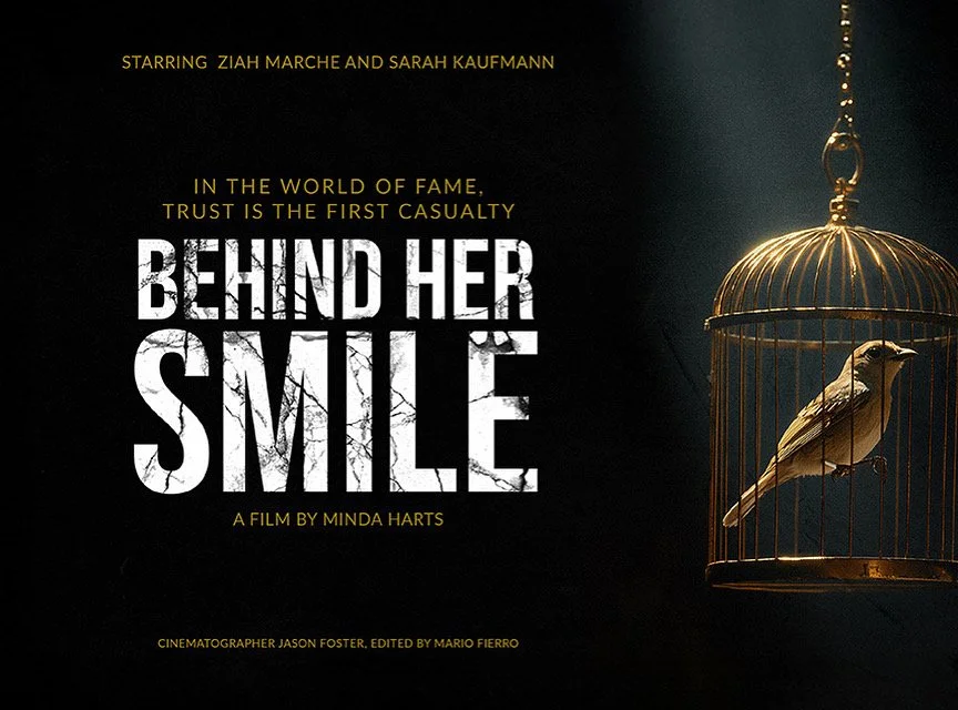 Movie poster for 'Behind Her Smile' featuring a black background, gold text, a birdcage with a bird inside, and the title in large white cracked letters.