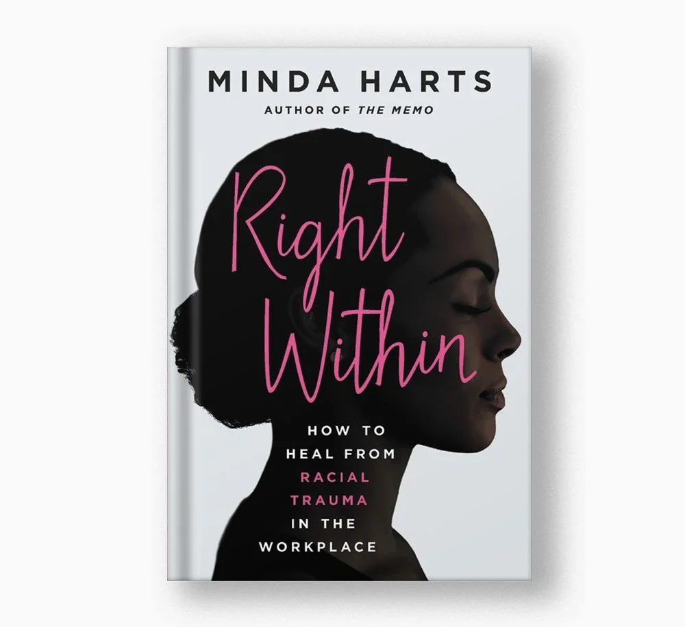 Book cover of 'Right Within' by Minda Harts, featuring a profile silhouette of a Black woman with closed eyes, dark hair, and a light background.