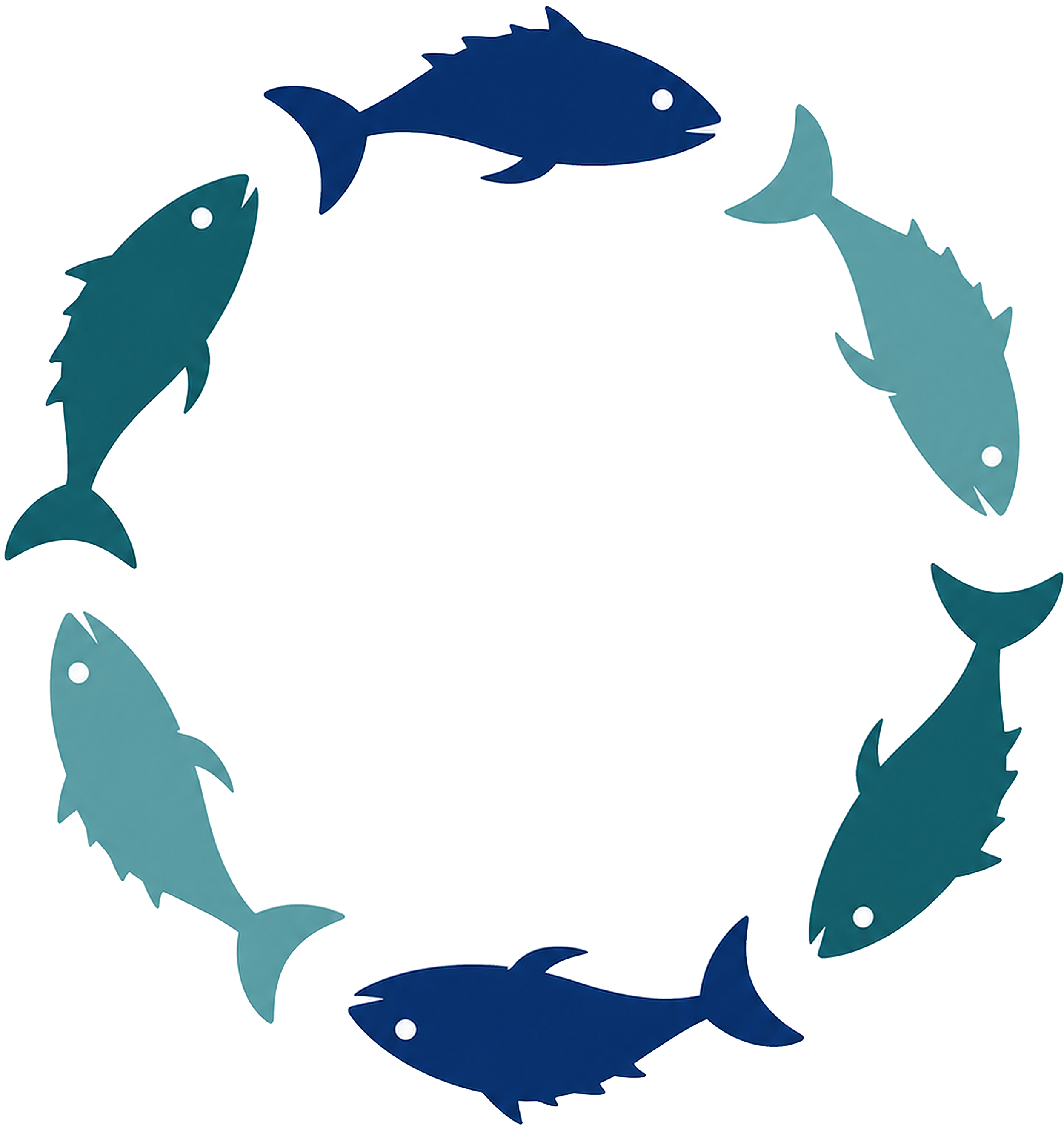 A digital illustration of five fish in different shades of blue arranged in a circular pattern, creating a continuous loop.