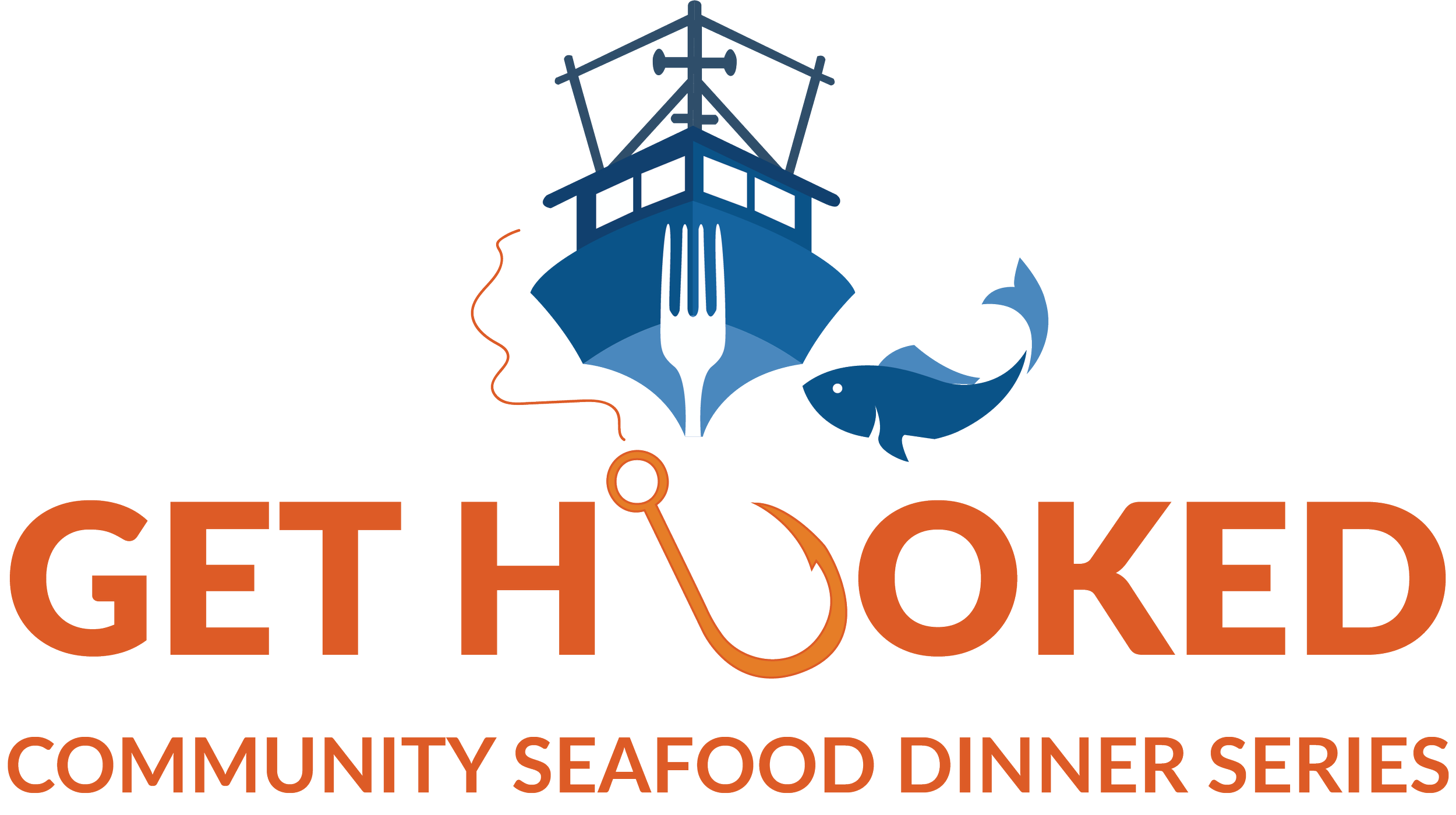 Illustration of a ship with a stethoscope, a whale, and a lighthouse, along with the partially visible text 'GET HOOKED' and phrases related to community, seafood, dinners, and series.